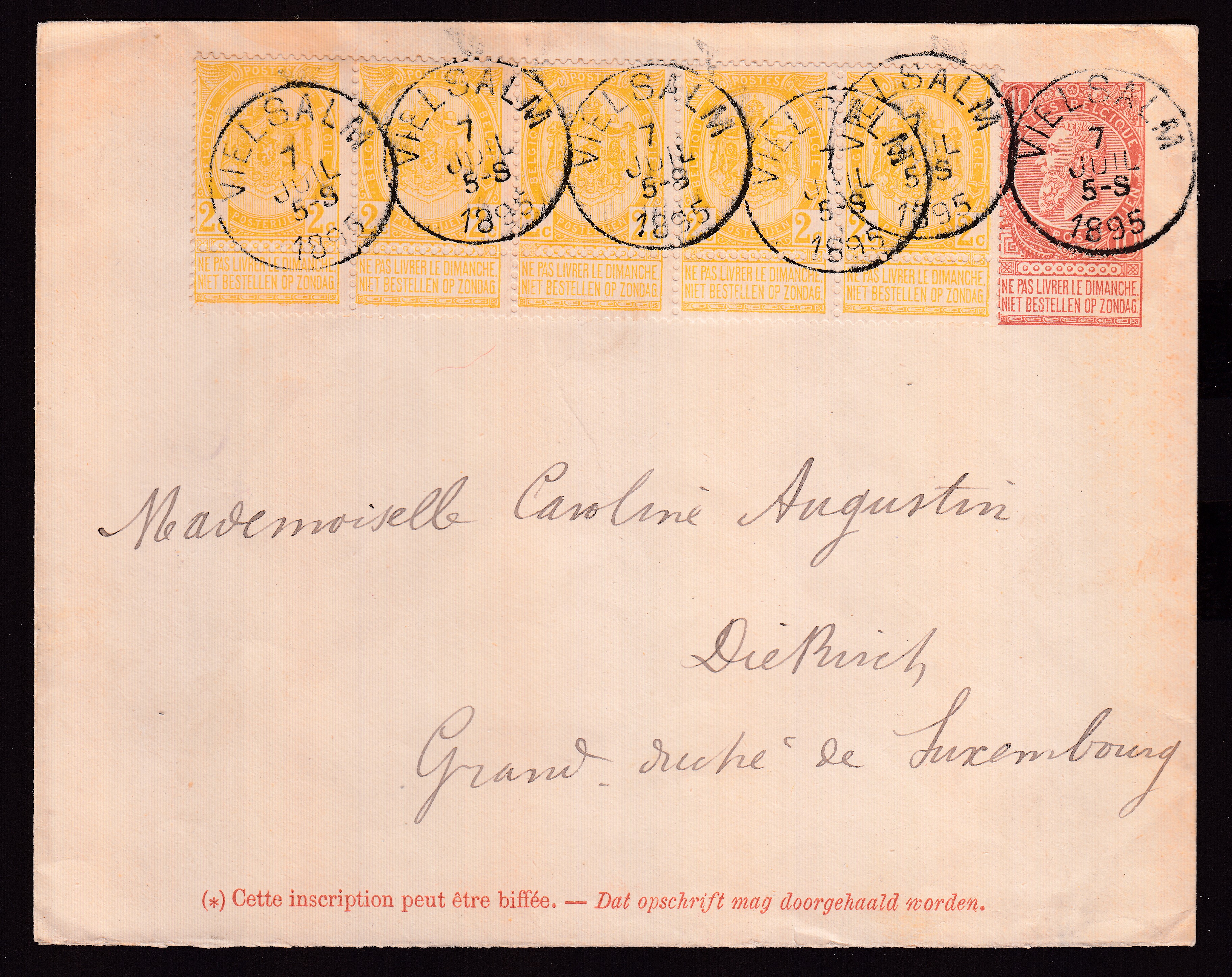 Tarif frontalier de 20c : 54 en bande de 5 sur Ep10c type « Fine Barbe -Tp 57 » de Vielsam le 7 juil.1895 vers Diekirch au GD du Luxembourg. Càd au verso.