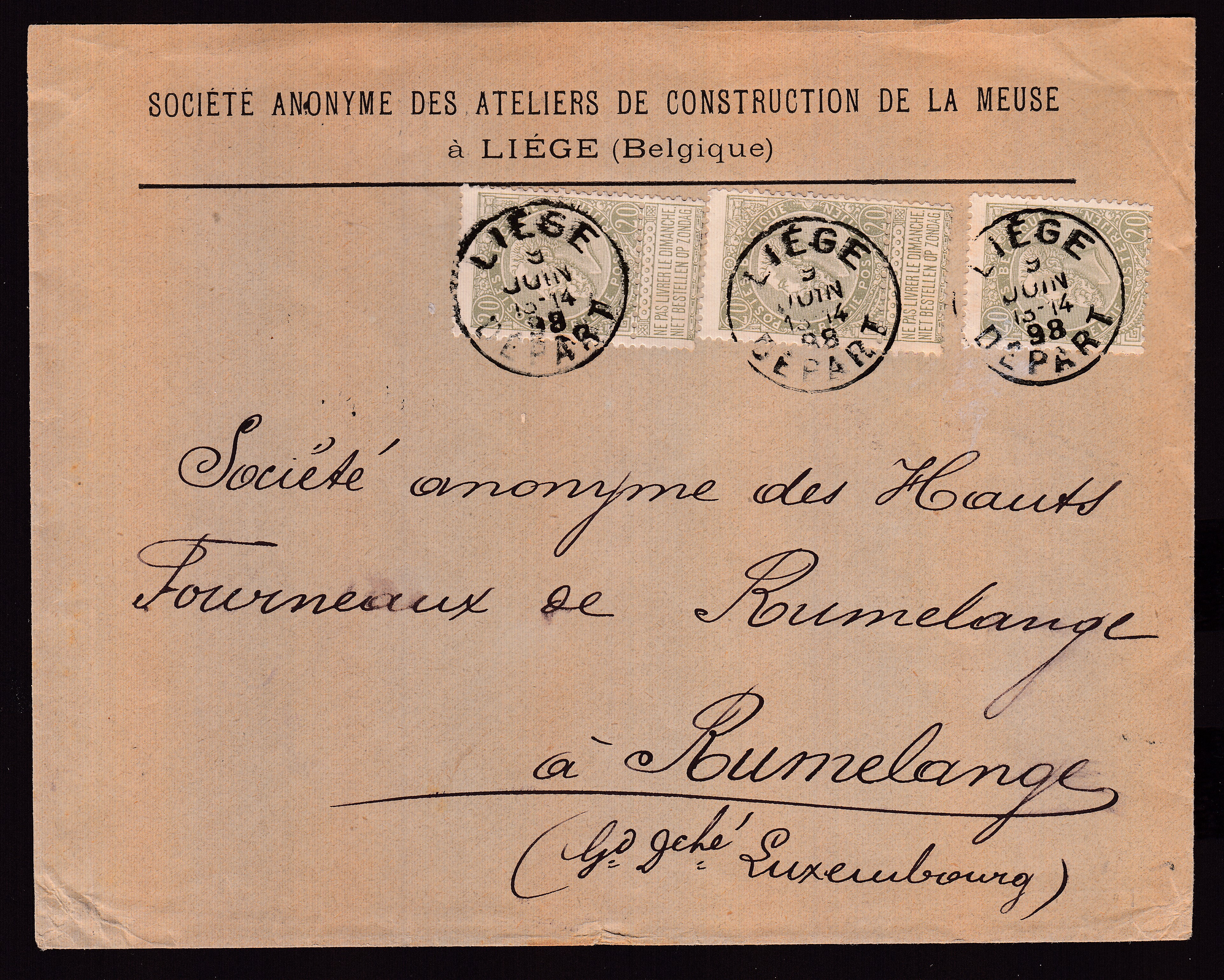 59 x3 sur lettre de Liège le 9 juin 1898 vers Rumelange, G-D du Luxembourg. Càd au verso. Triple port, tarif réduit. Explicatif joint.