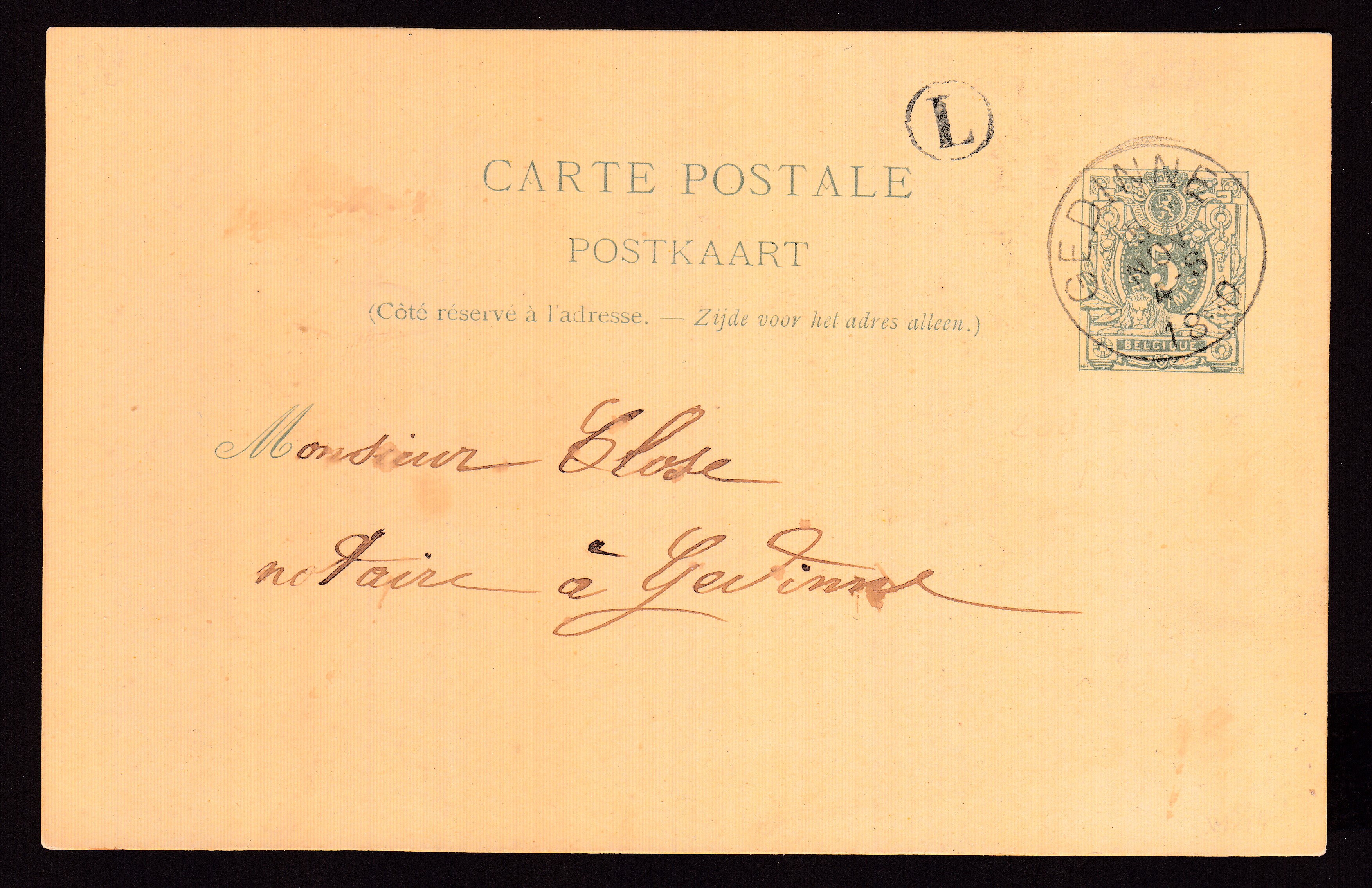 Ep5c type « Lion couché -Tp 45 » daté de Bourseigne-Neuve le 5 novembre 1890, de la boite « L » via Gedinne vers Gedinne. Explicatif joint.
