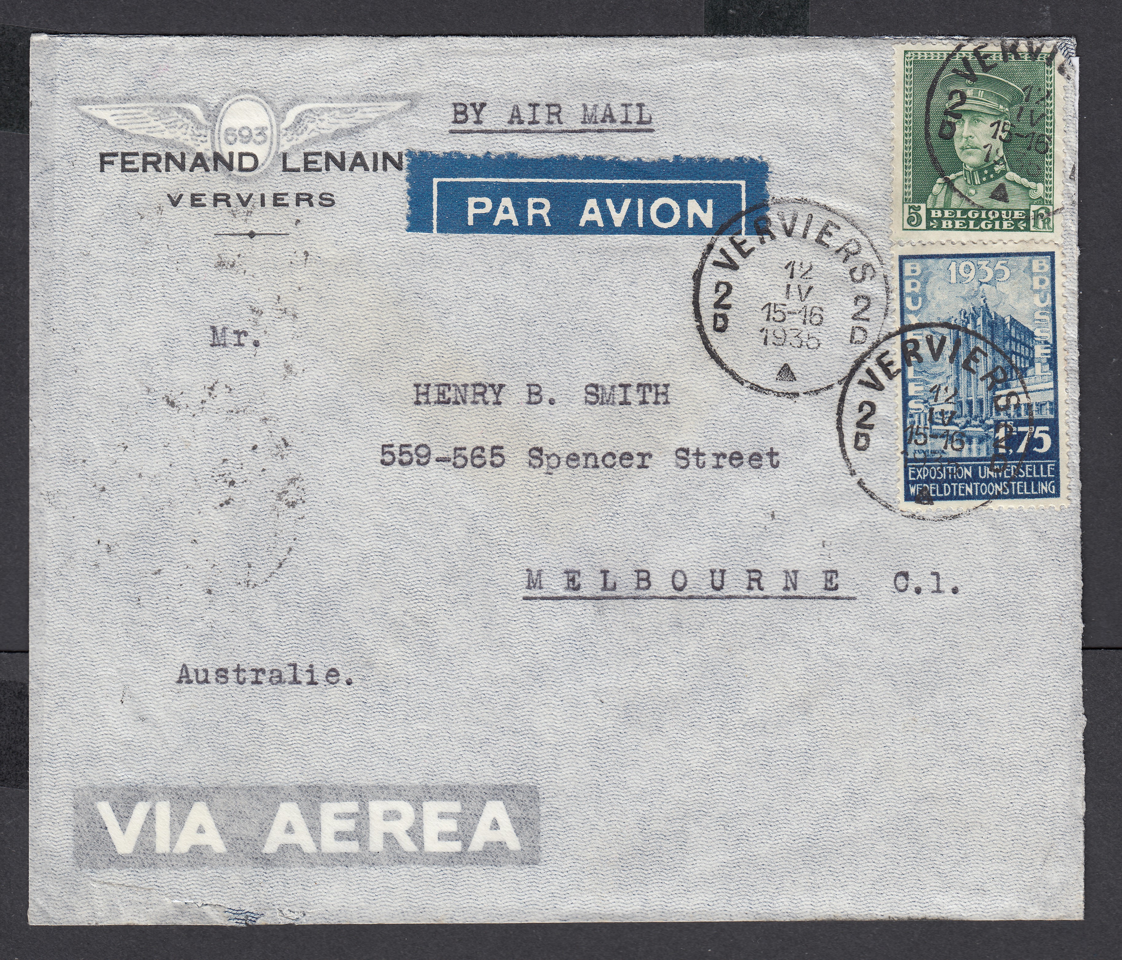 323 +389 sur lettre par avion de Verviers le 12.IV.1935 vers Melbourne via l'Angleterre. Càd au verso. Explicatif tarif joint.
