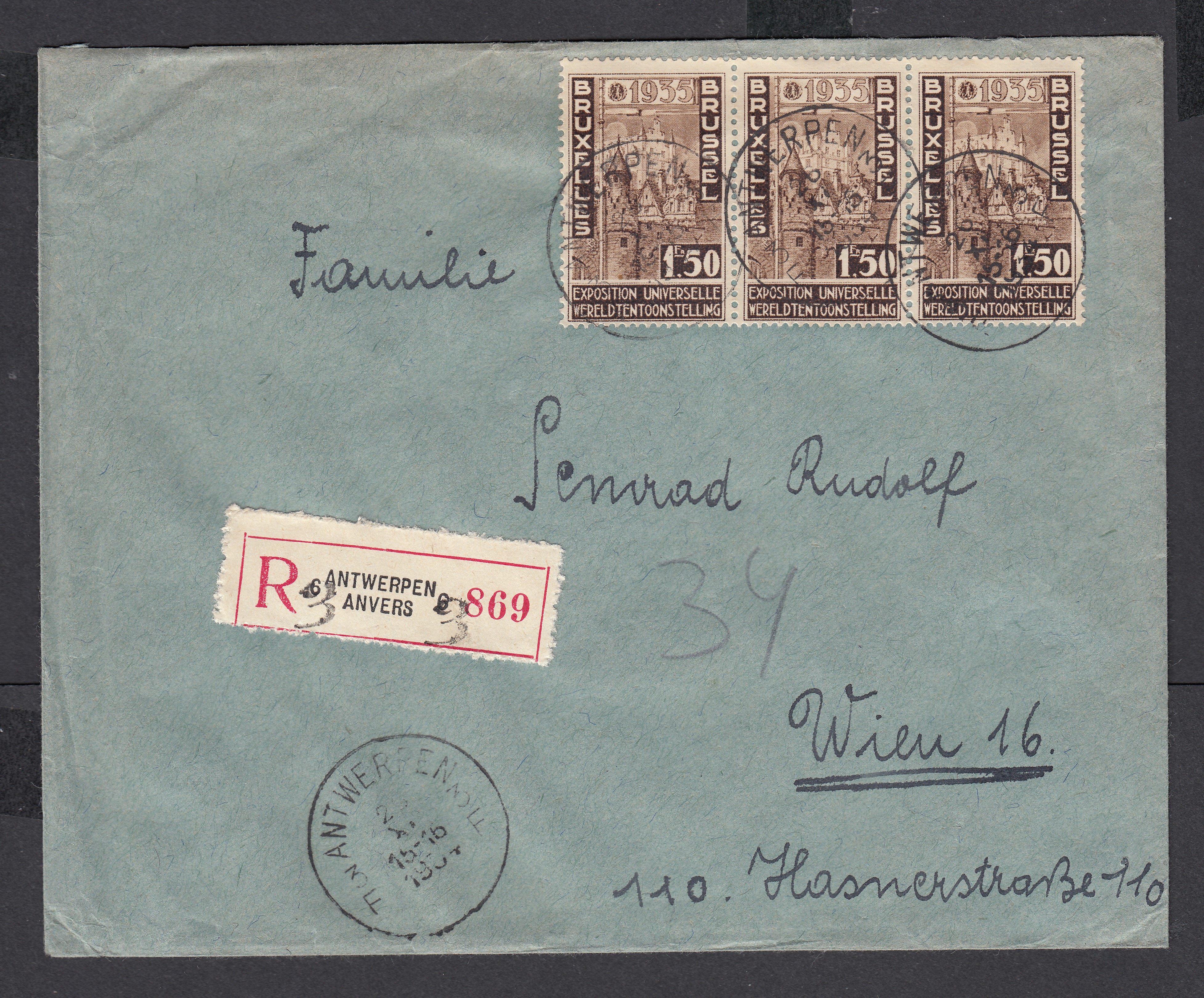 388 en bande de 3 sur lettre en recommandé d'Antwerpen le 26.XI.1934 vers Vienne. Explicatif tarif joint.