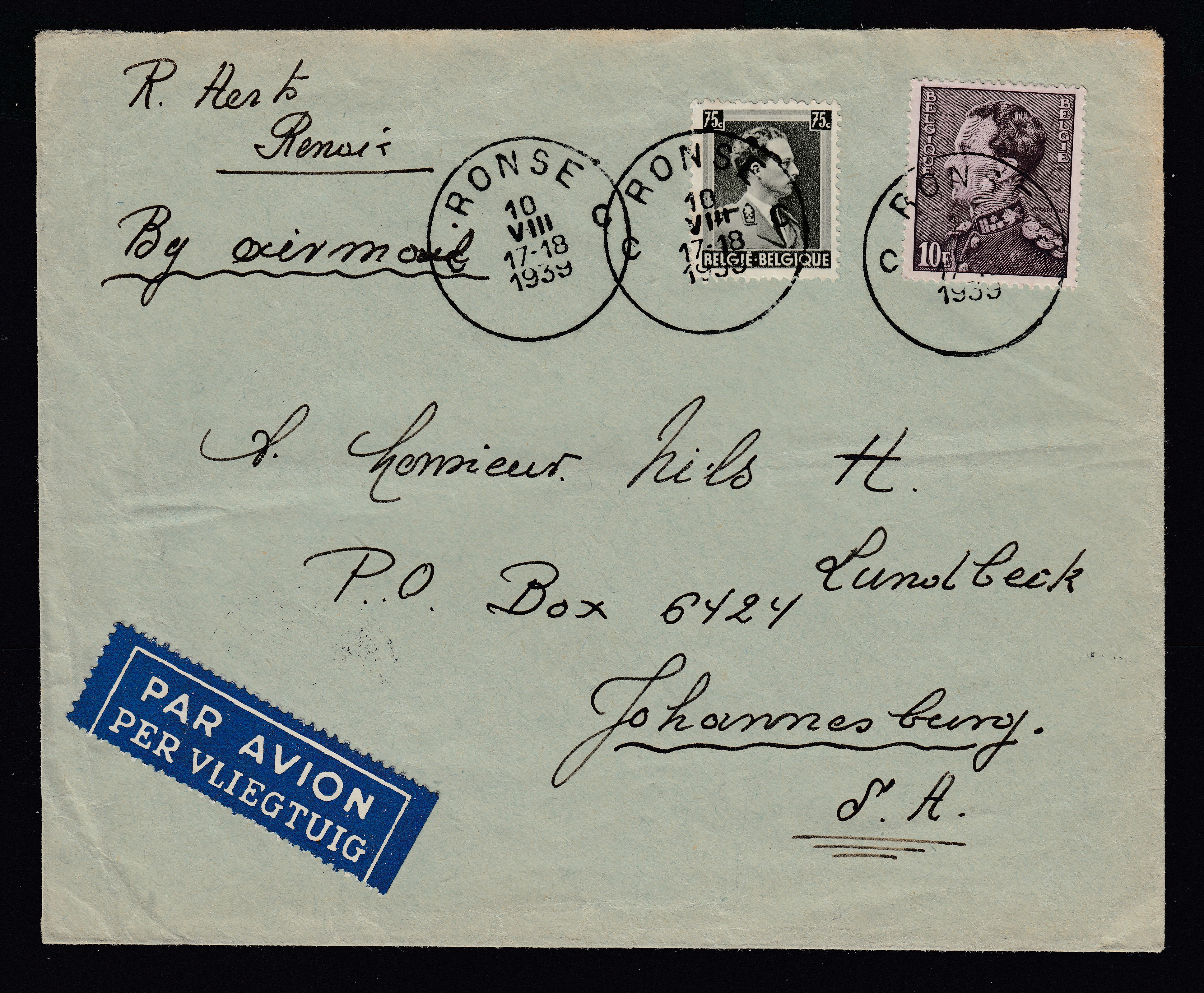 434 +480 sur lettre par avion de Ronse le 10.VIII.1939 vers Johannesbourg. Cachet de passage à Bxl au verso. Explicatif tarif joint.