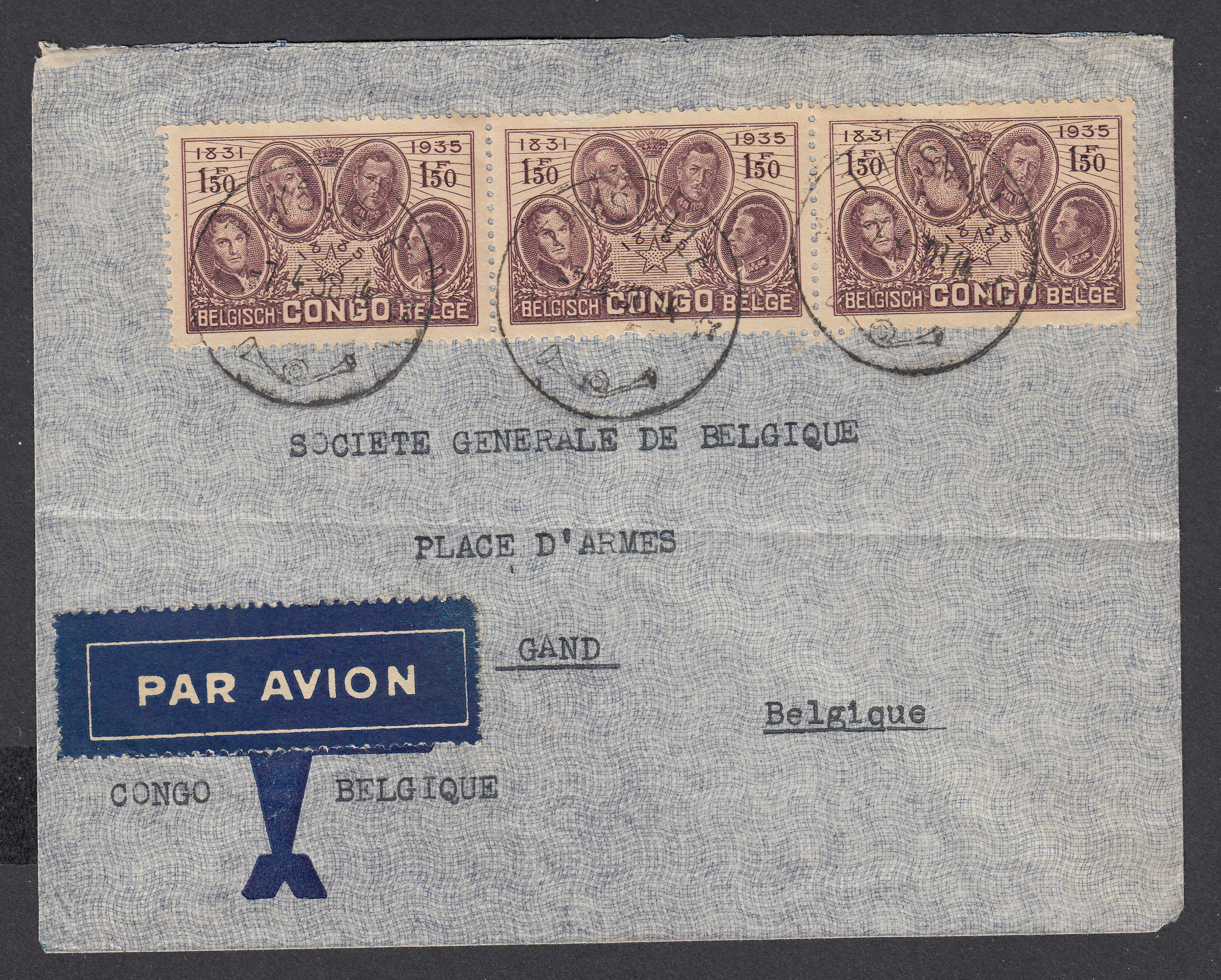 187 en bande de 3 sur lettre par avion de Thysville le 7.4.38 vers Gand.