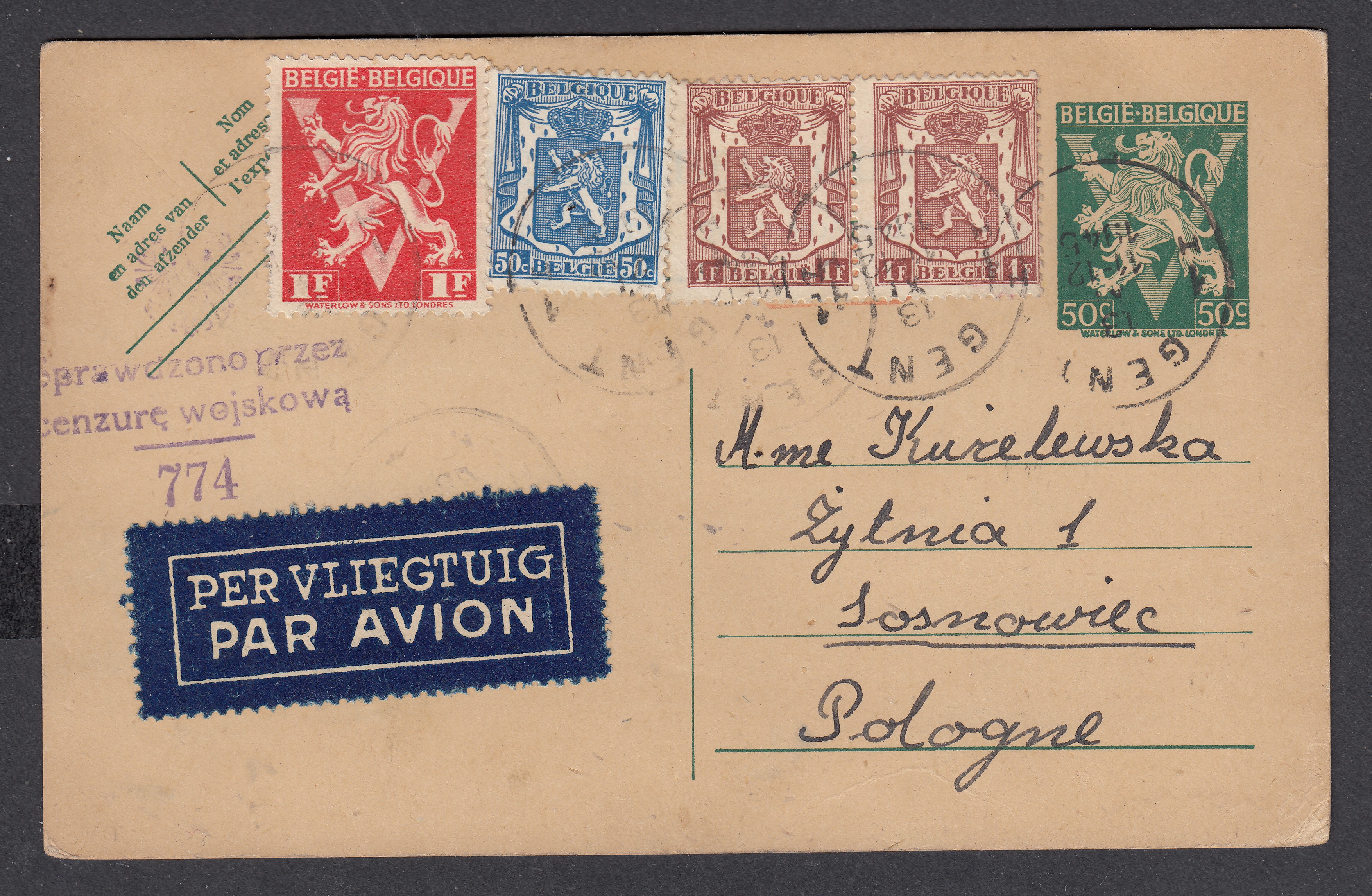 Censure Polonaise (1945-1946) : 680A +426 +715x2 sur Ep50c type « Lion V » par avion de Gent le 13.XI.1945 vers la Pologne. Explicatif tarif joint.