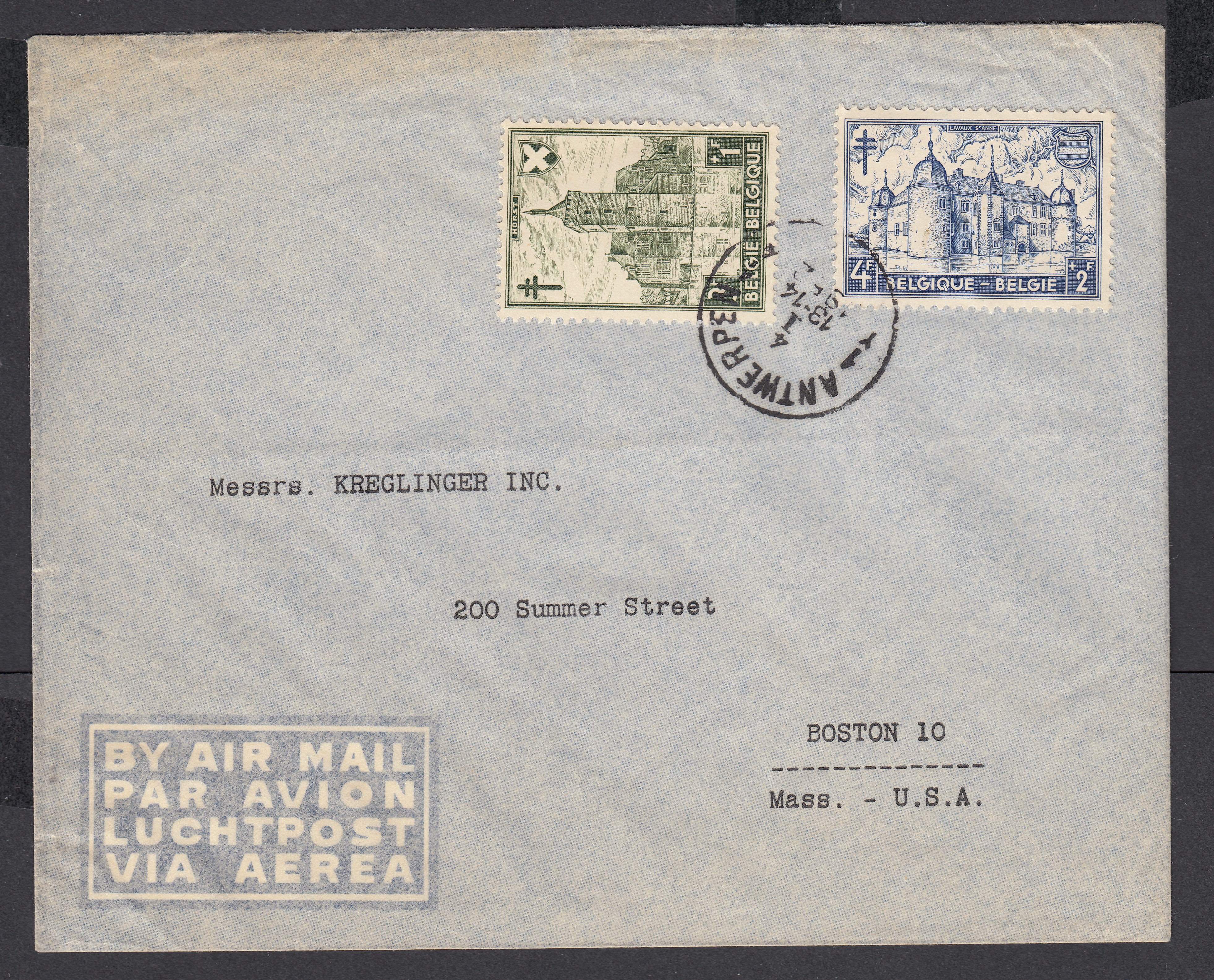 873/74 sur lettre par avion d'Antwerpen le 4.I.1952 vers Boston. Port exact.