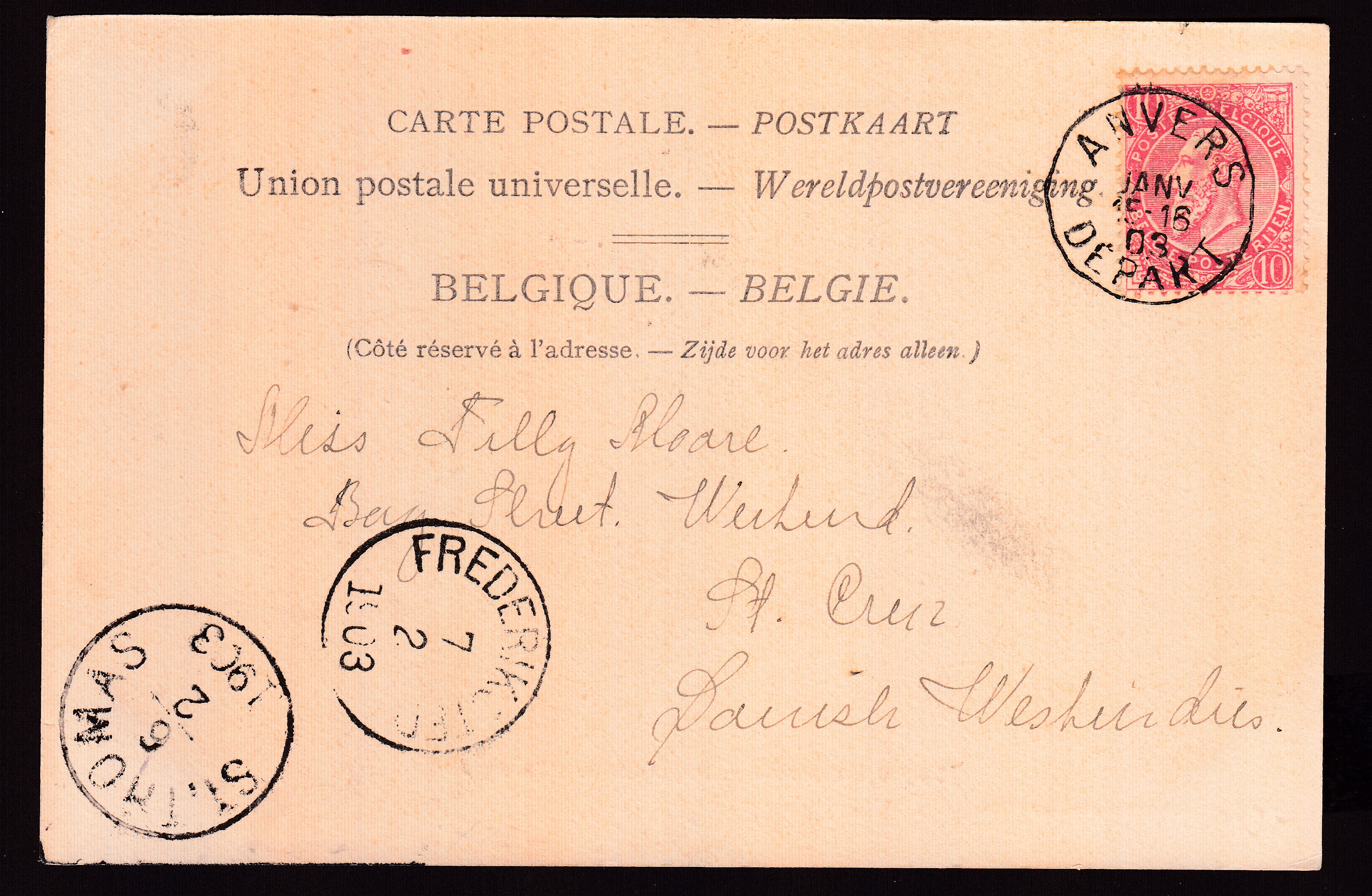 58 sur Cp d'Anvers en janv.1903 vers St-Thomas, Antilles danoises. Càd au verso. Explicatif joint.