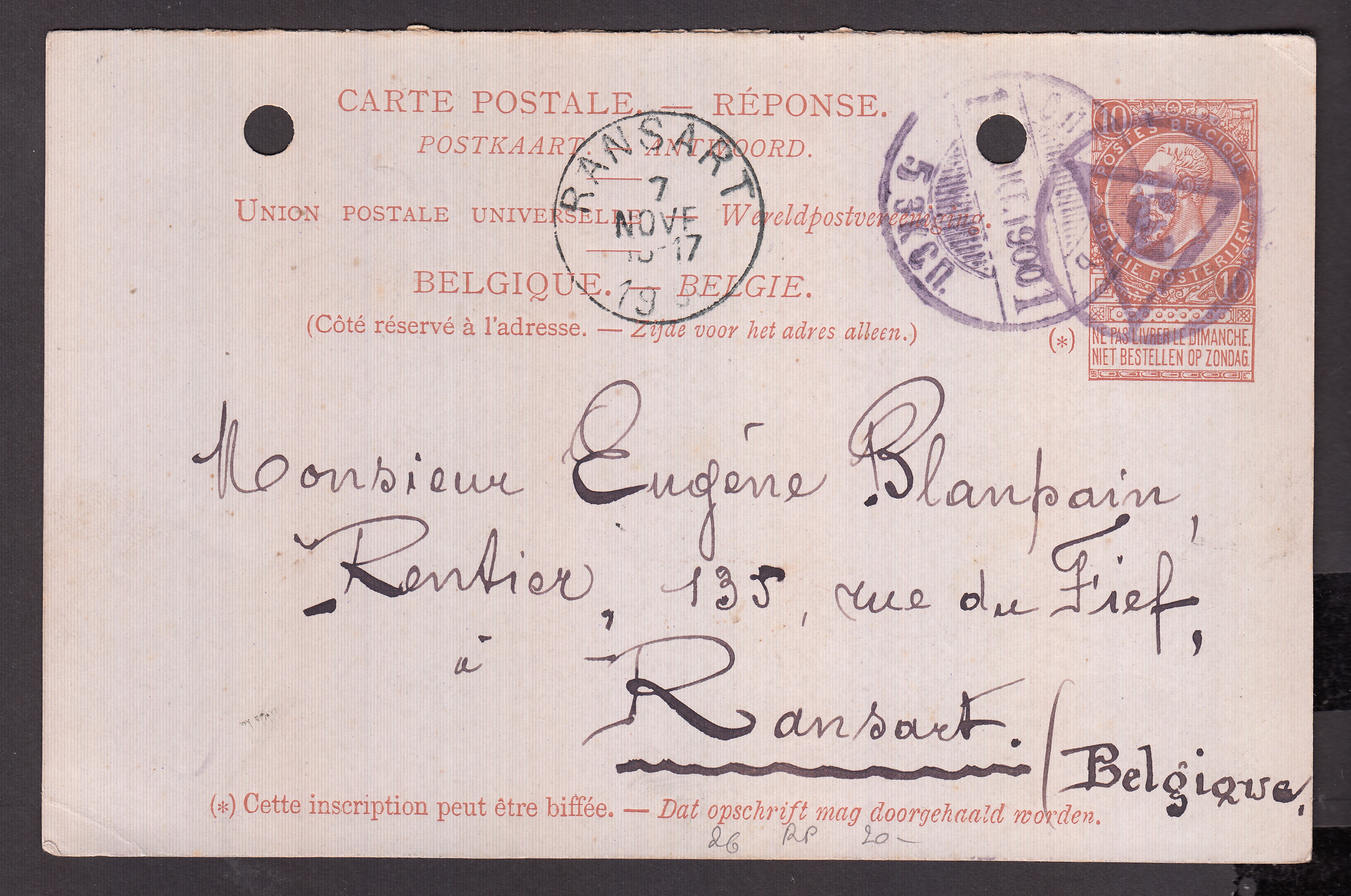 Ep10c ( Partie réponse ) type « Fine Barbe -Tp 57 » de St-Petersbourg le 24 oct.1900 vers Ransart. Càd au recto. Trous de classement. Explicatif joint.
