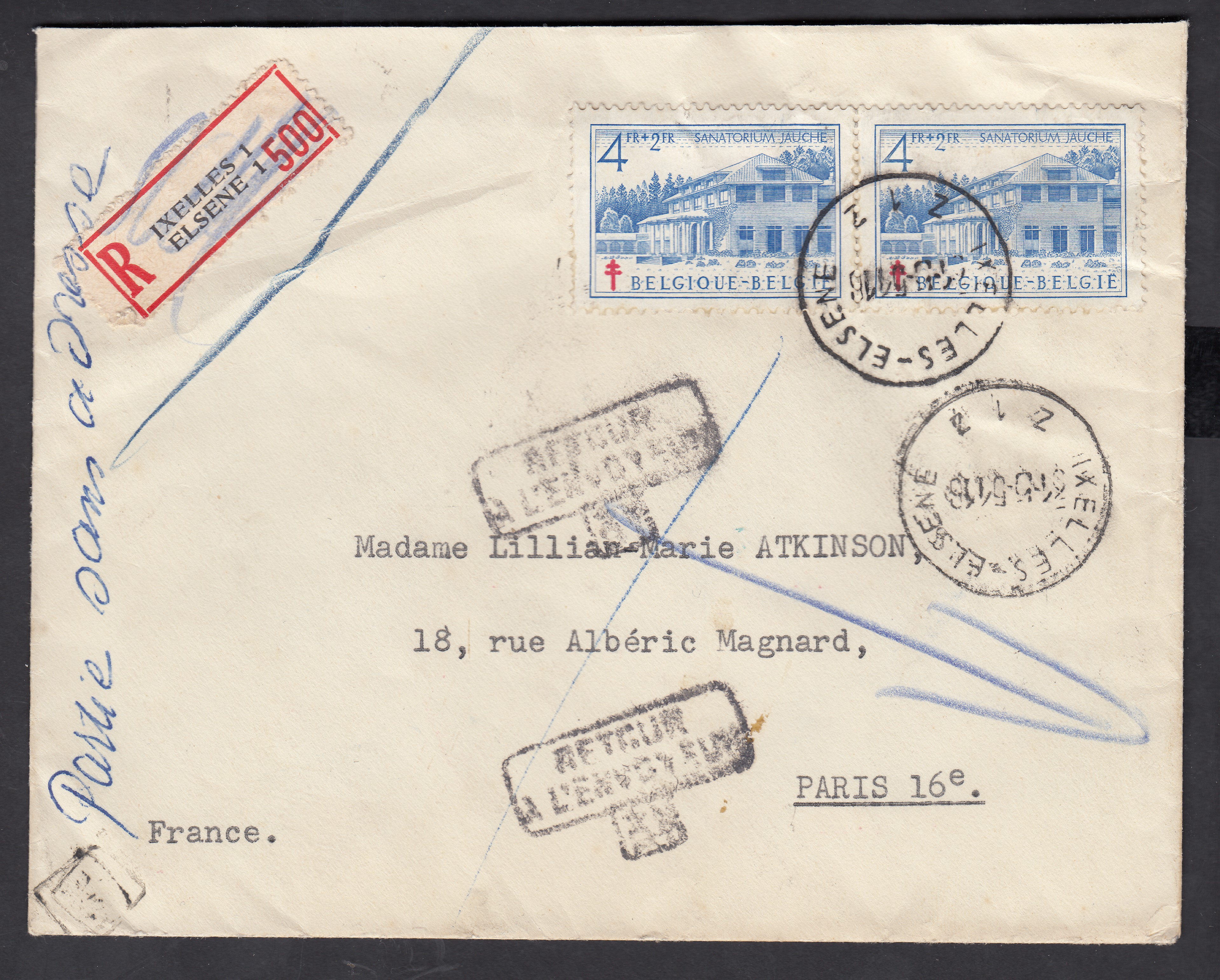 839 en paire sur lettre en recommandé d'Ixelles-Elsene le 31.5.1951 vers Paris. 2 griffes françaises « Retour à l'envoyeur /34 ». Explicatif joint.