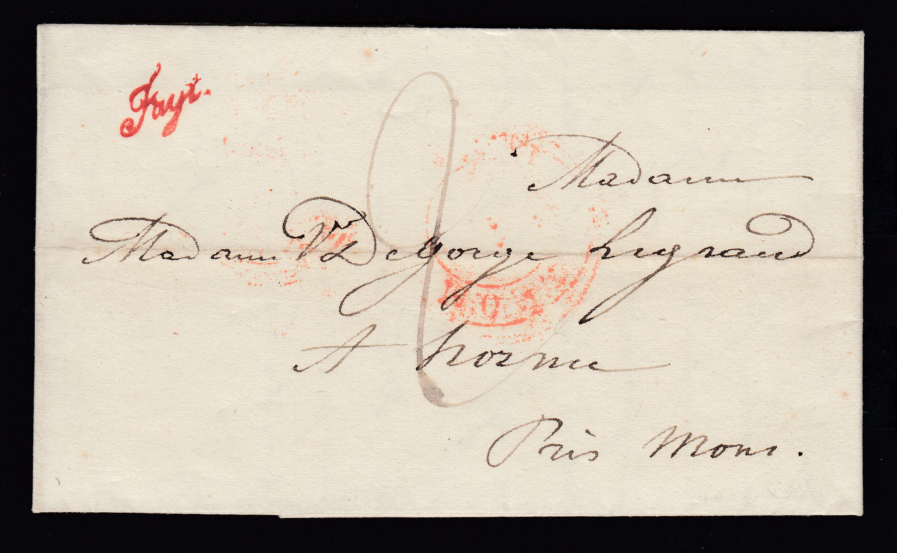 LAC datée de Mariembourg le 29 fév.1836, ( Griffe sous forme manuscrite « Fayt » + Cachet DC ) vers Hornu près Mons. Taxée 2 décimes. Càd de Mons en rouge au verso.
