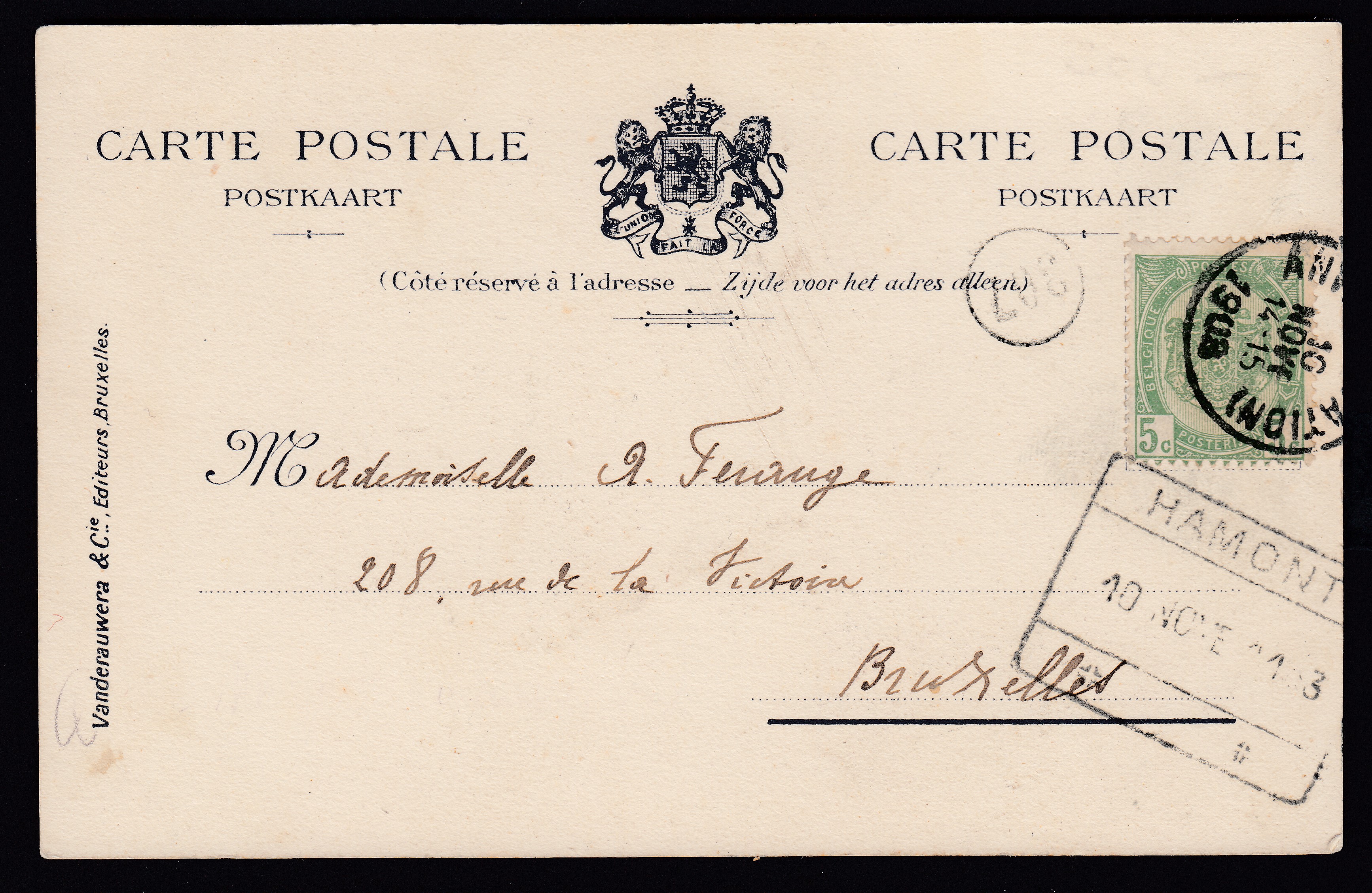 56 sur Cp déposée à la gare de Hammont ( Cachet rectangulaire des C.F.) le 10 nov 1903 via Anvers (Station) vers BXL. Explicatif joint.