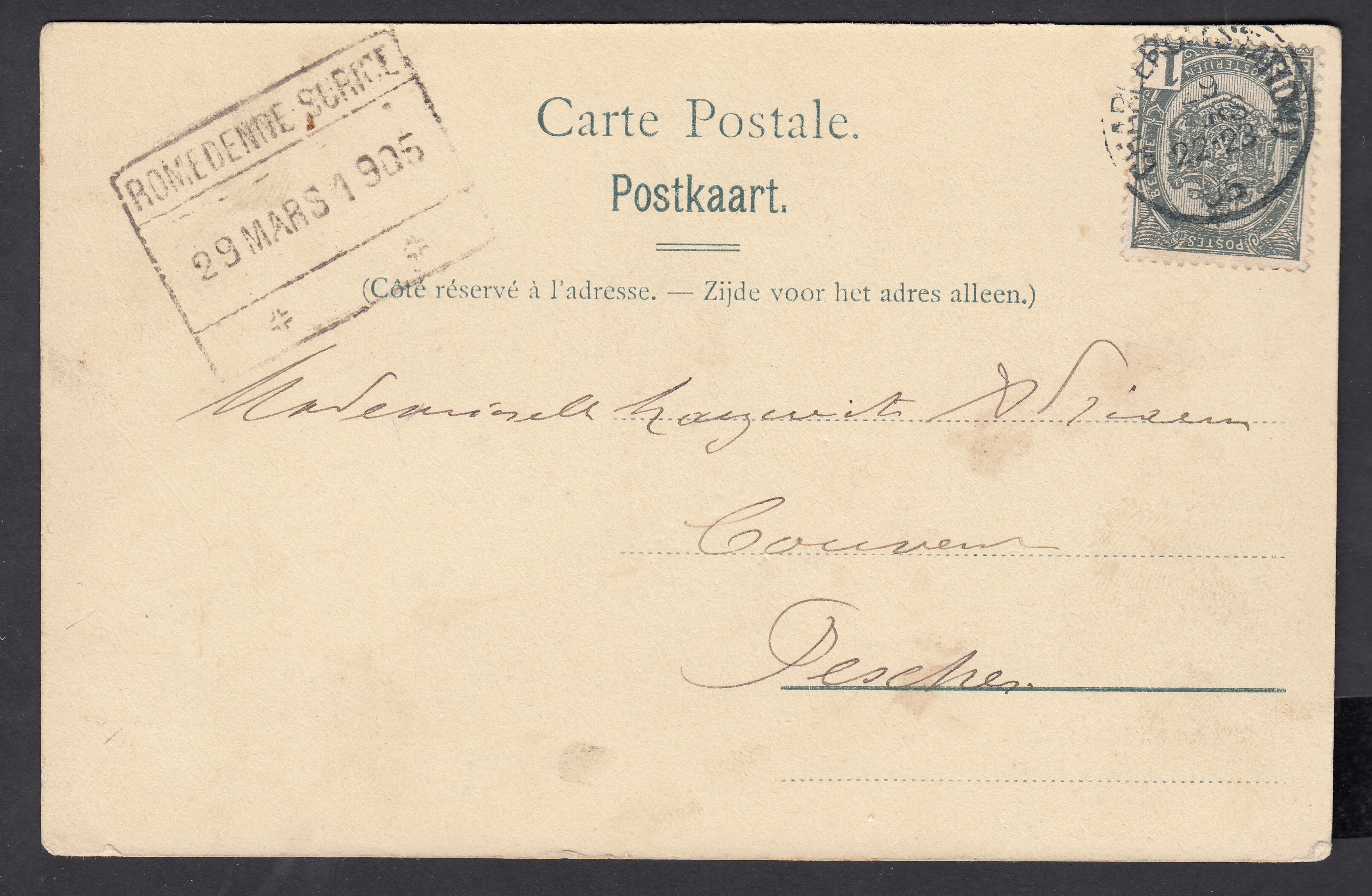 53 sur Cp déposée à la gare de Romedenne-Surice ( Cachet rectangulaire des C.F.) le 29 mars 1905 via Charleroi (Station) vers Pesche. Explicatif joint.