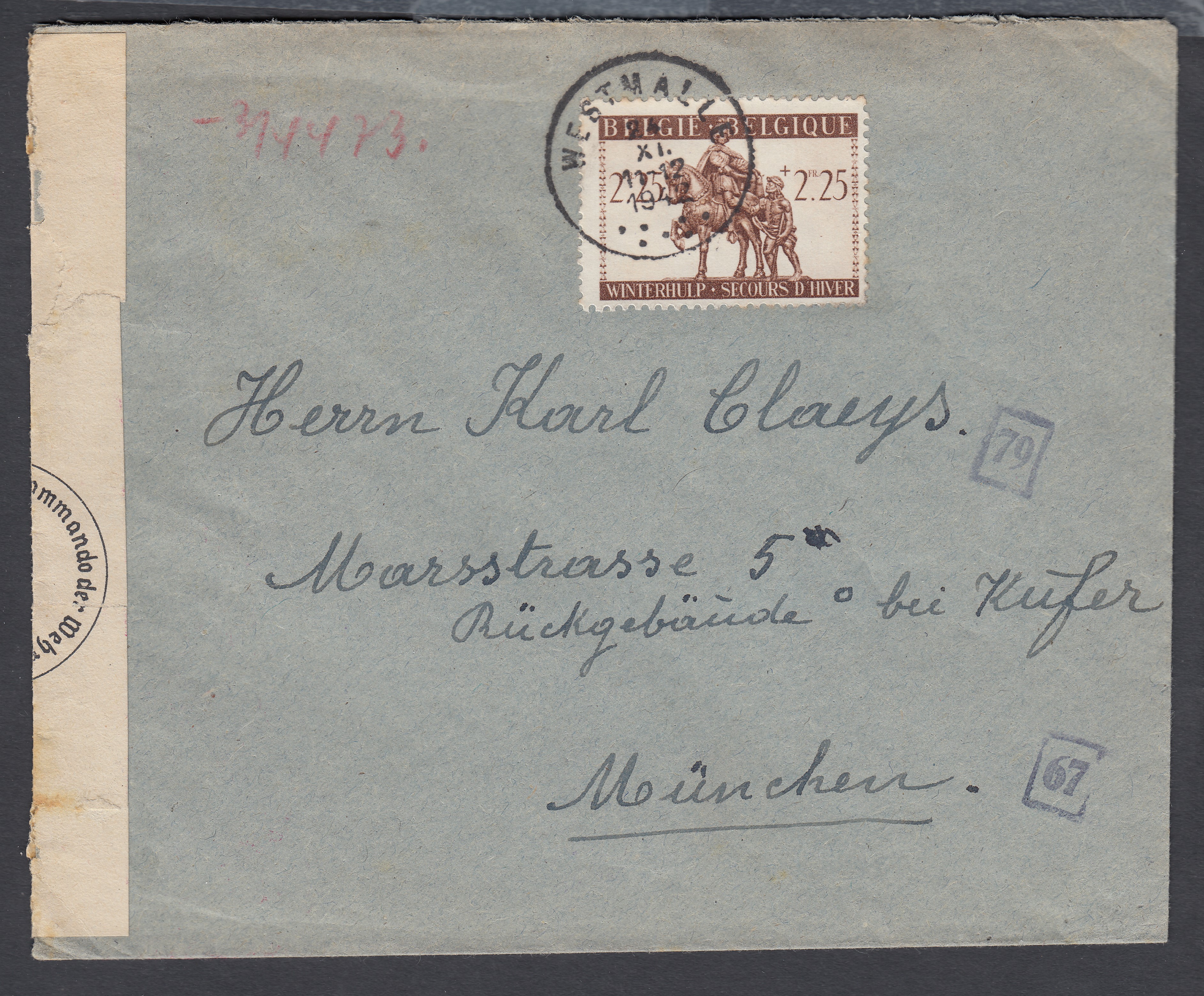 610 sur lettre de Westmalle le 24.XI.1942 vers Munchen. Explicatif tarif joint. Bande et cachet de censure allemande.