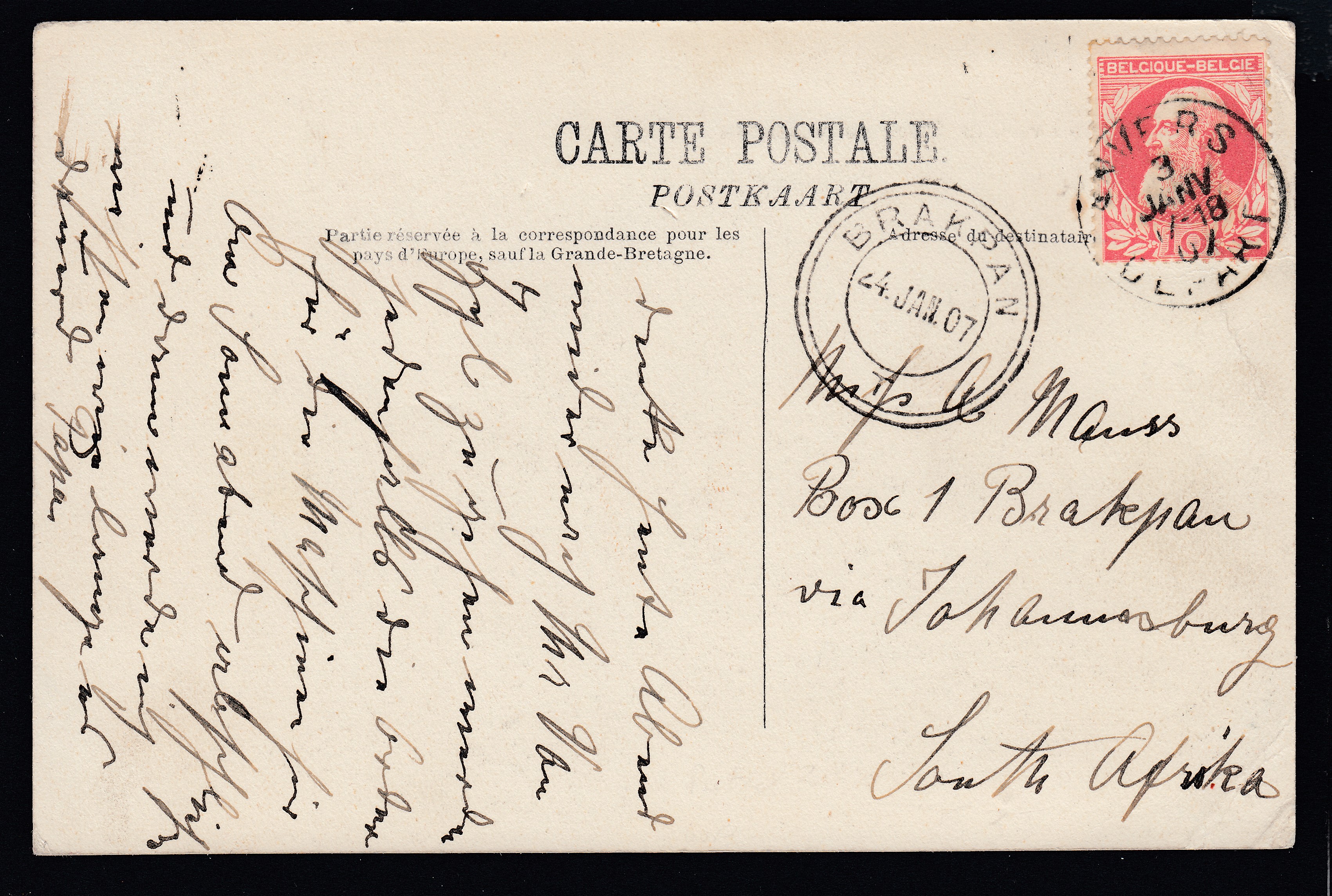 74 sur Cp d'Anvers le 3 janv 1907 vers Brakepan en Afrique du Sud. Càd le 4 janv au verso.