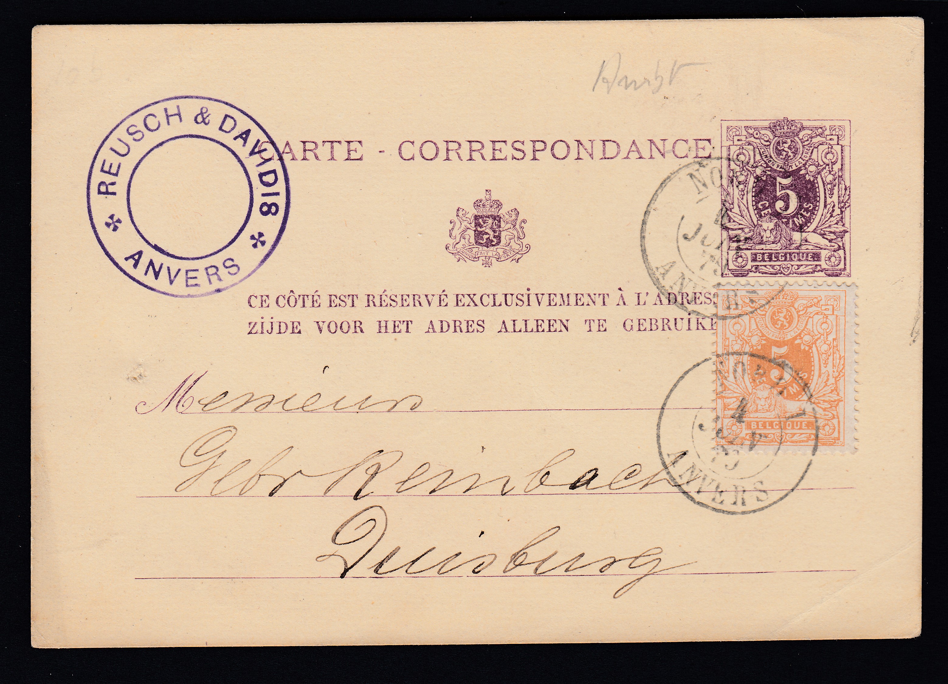 28 sur Ep5c type « Lion couché -Tp 28 » d'Anvers par l'Ambt « Nord 1 /Anvers » le 4 janv.1879 vers Duisburg.