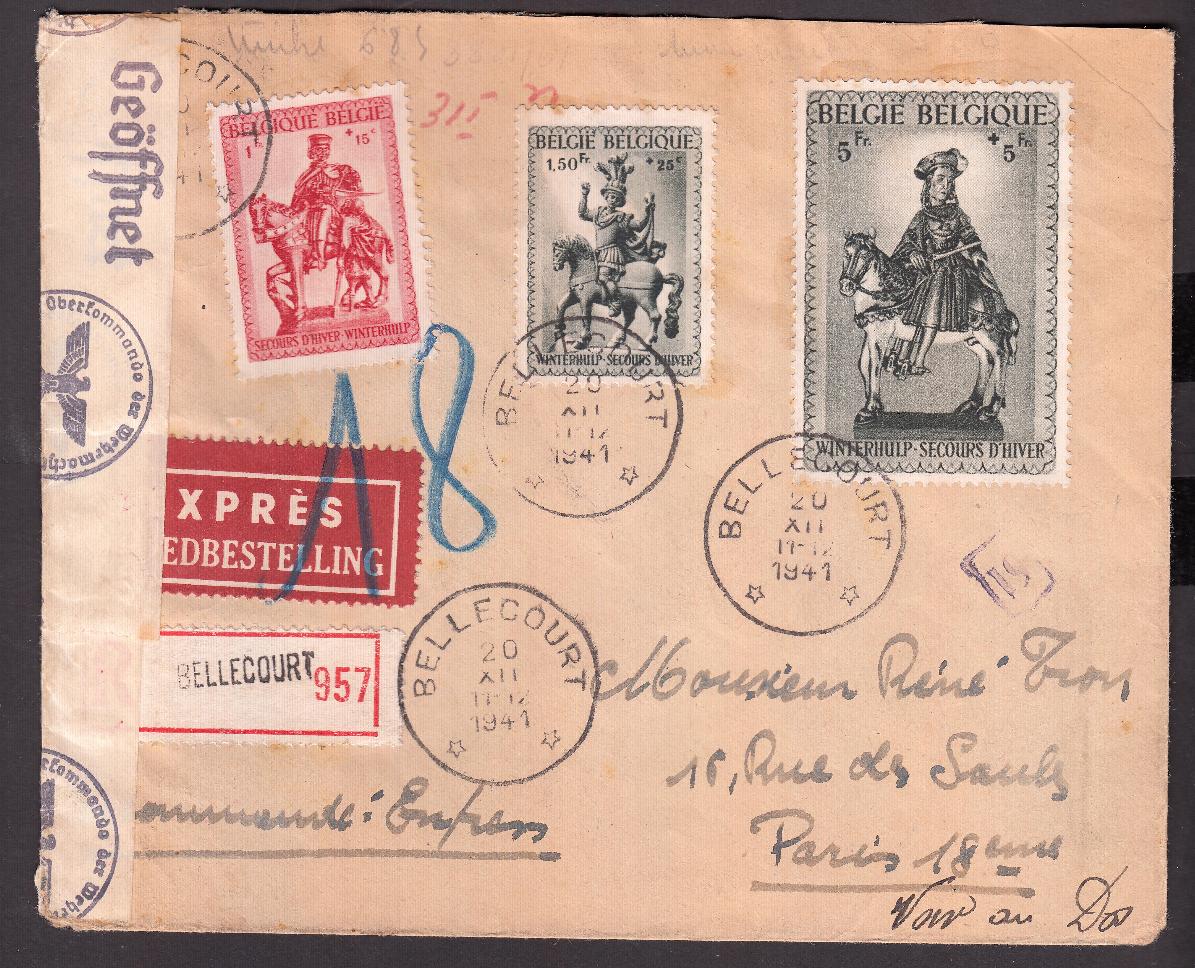577/88 +592 sur lettre en recommandé exprès du relais de Bellecourt le 20.XII.1941 vers Paris. Càd au verso. Bande et cachet de censure allemande.
