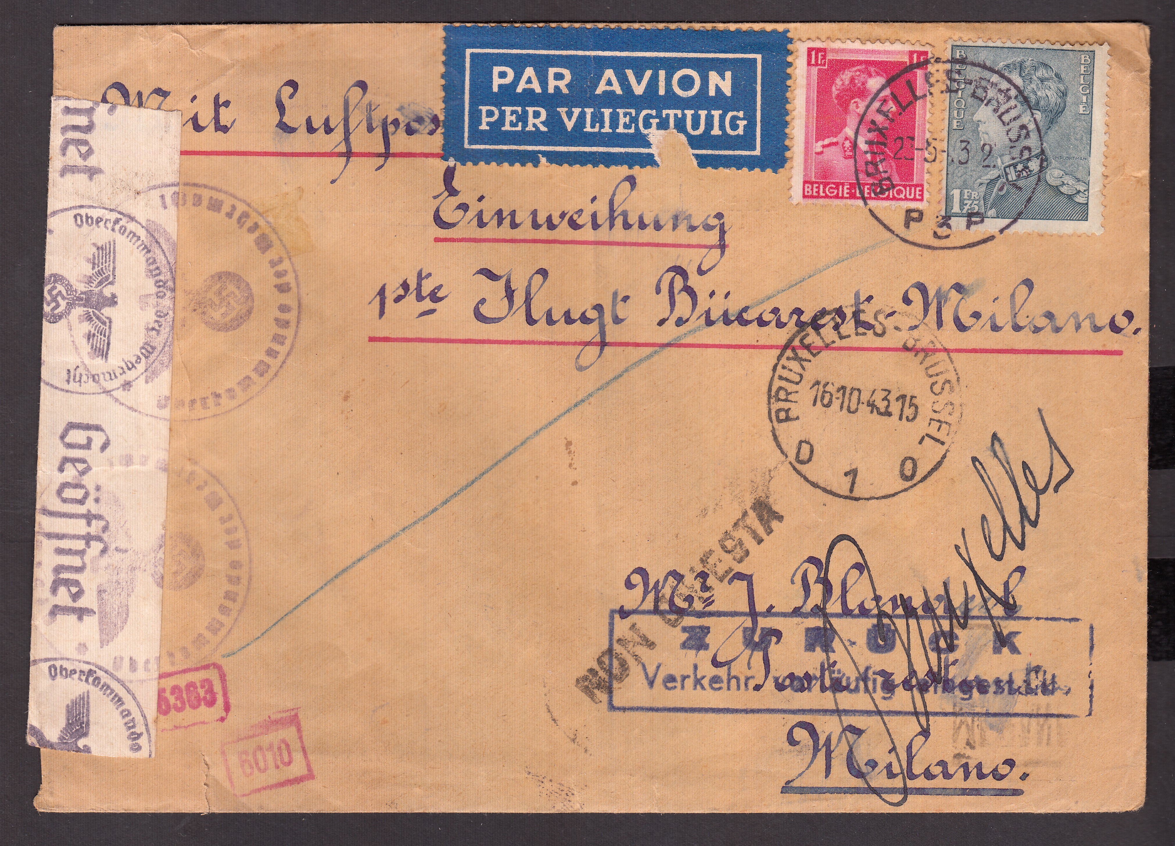430 +528 sur lettre par avion ( 1er vol Bucarest-Milano ) de BXL le 16.10.1943 vers Milano. Càd au verso. Bande et cachet de censure allemande. Griffe encadrée de retour « Zuruck.... ».