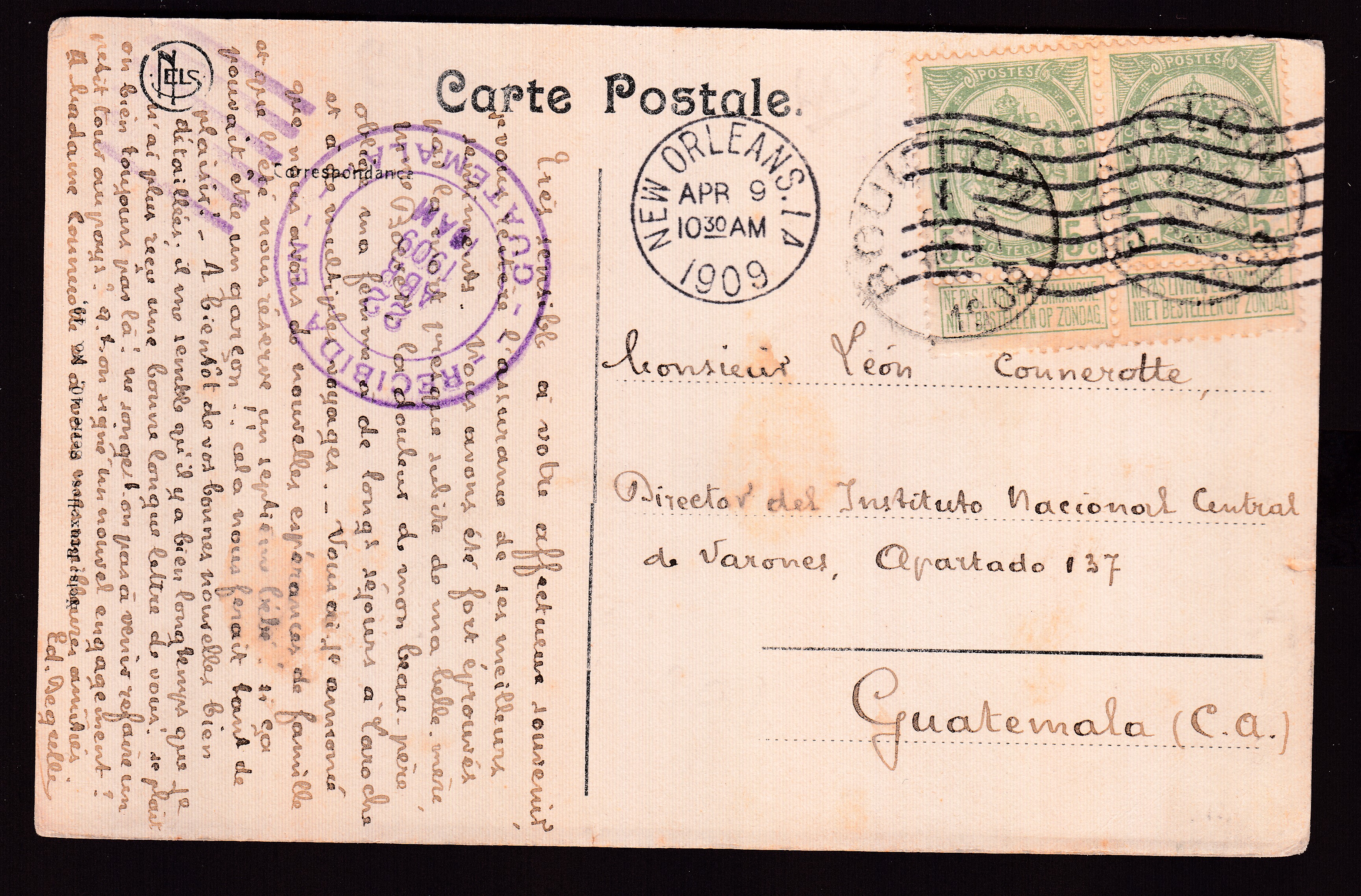 56 sur Cp de Bouillon en 1909 vers le Guatemala. Cachet de passage à New-Orléan +Càd au verso.Explicatif joint.