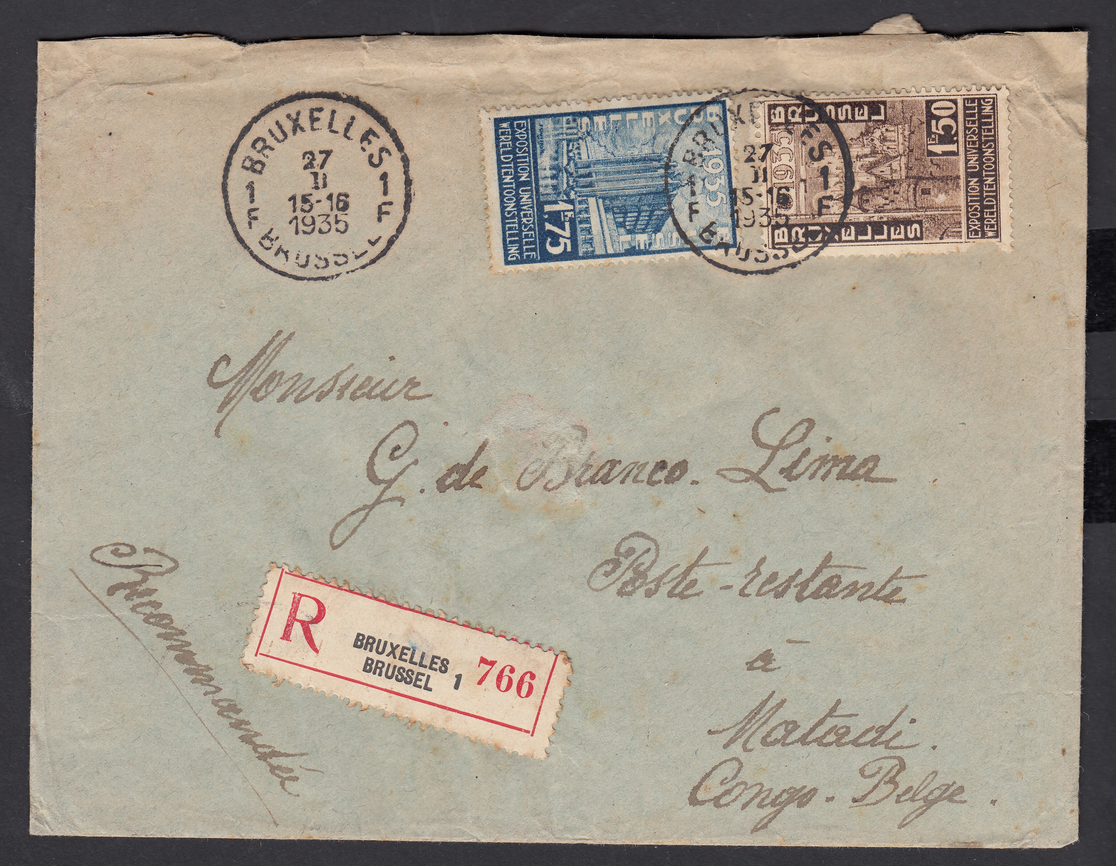 388/89 sur lettre en recommandé de BXL le 27.II.1935 vers poste restante à Matadi. Càd au verso.