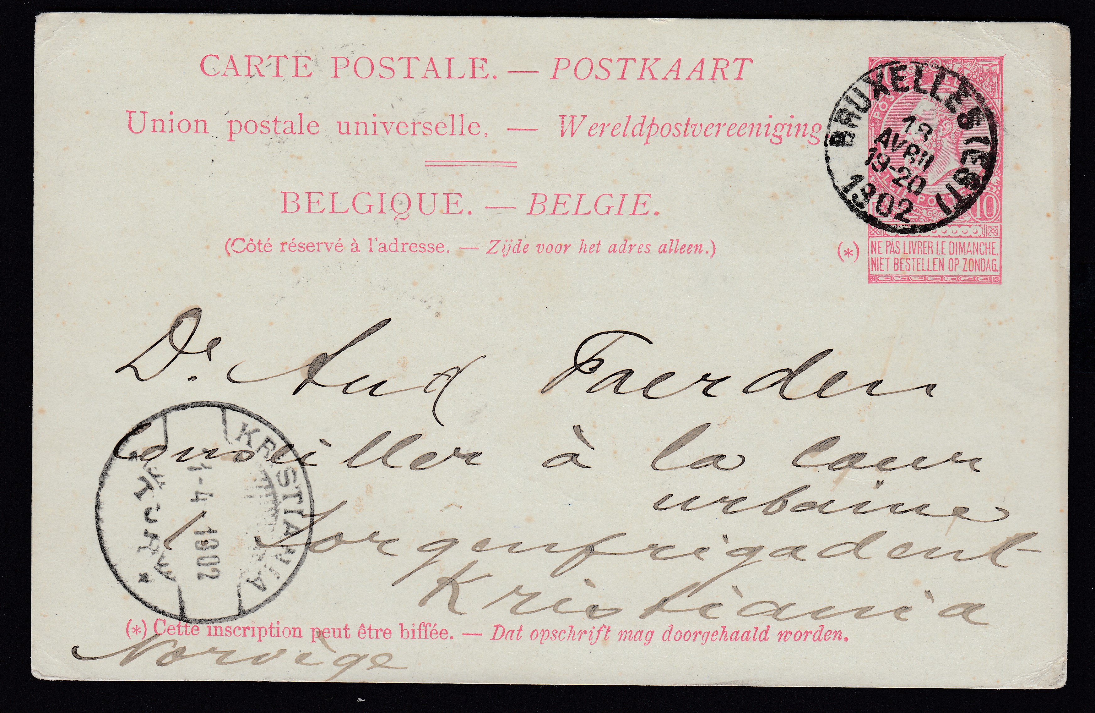 Ep10c type « Fine barbe -Tp 58 », de BXL (Est) le 18 avril 1902 vers la Norvège. Càd au recto.