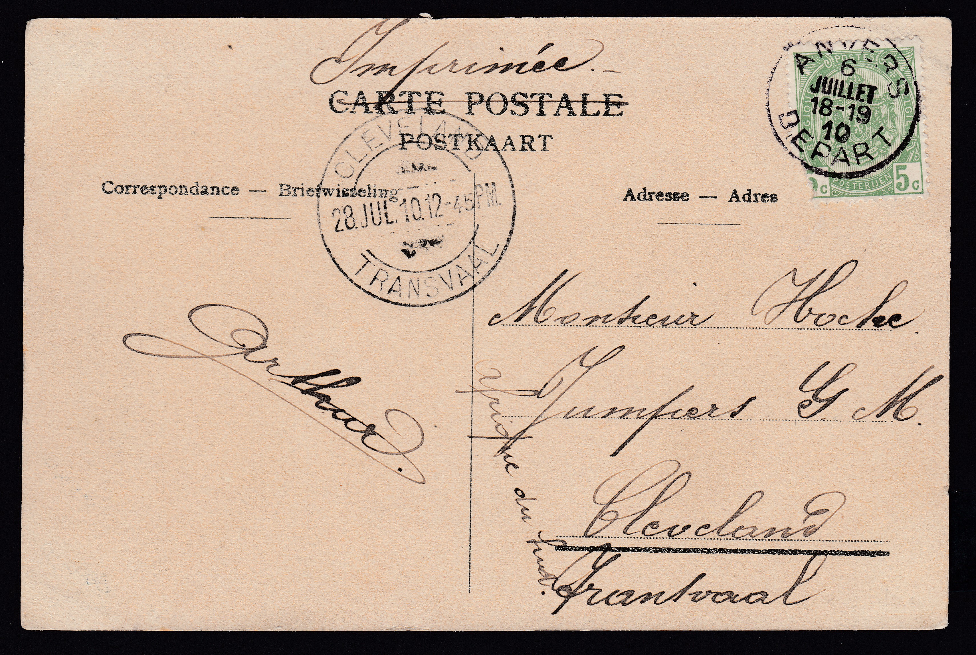 56 sur Cp en imprimé d'Anvers le 6 juillet 1910 vers Cleveland au Transvaal. Càd au verso. Explicatif joint.