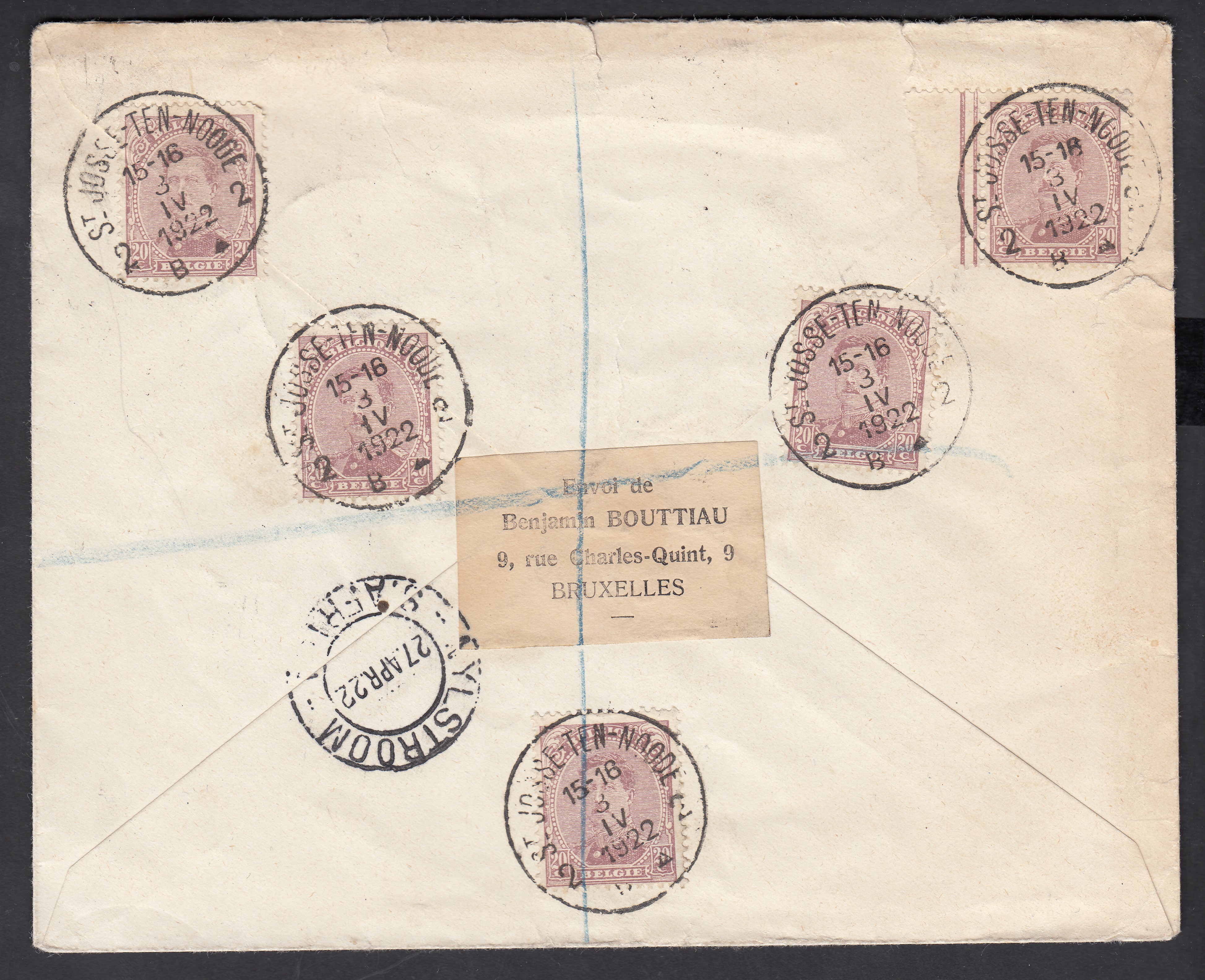 140x5 au verso de la lettre en recommandé de St-Josse-ten-Noode le 3.IV.1922 vers Nylstroom en Afrique du Sud. Càd au verso.