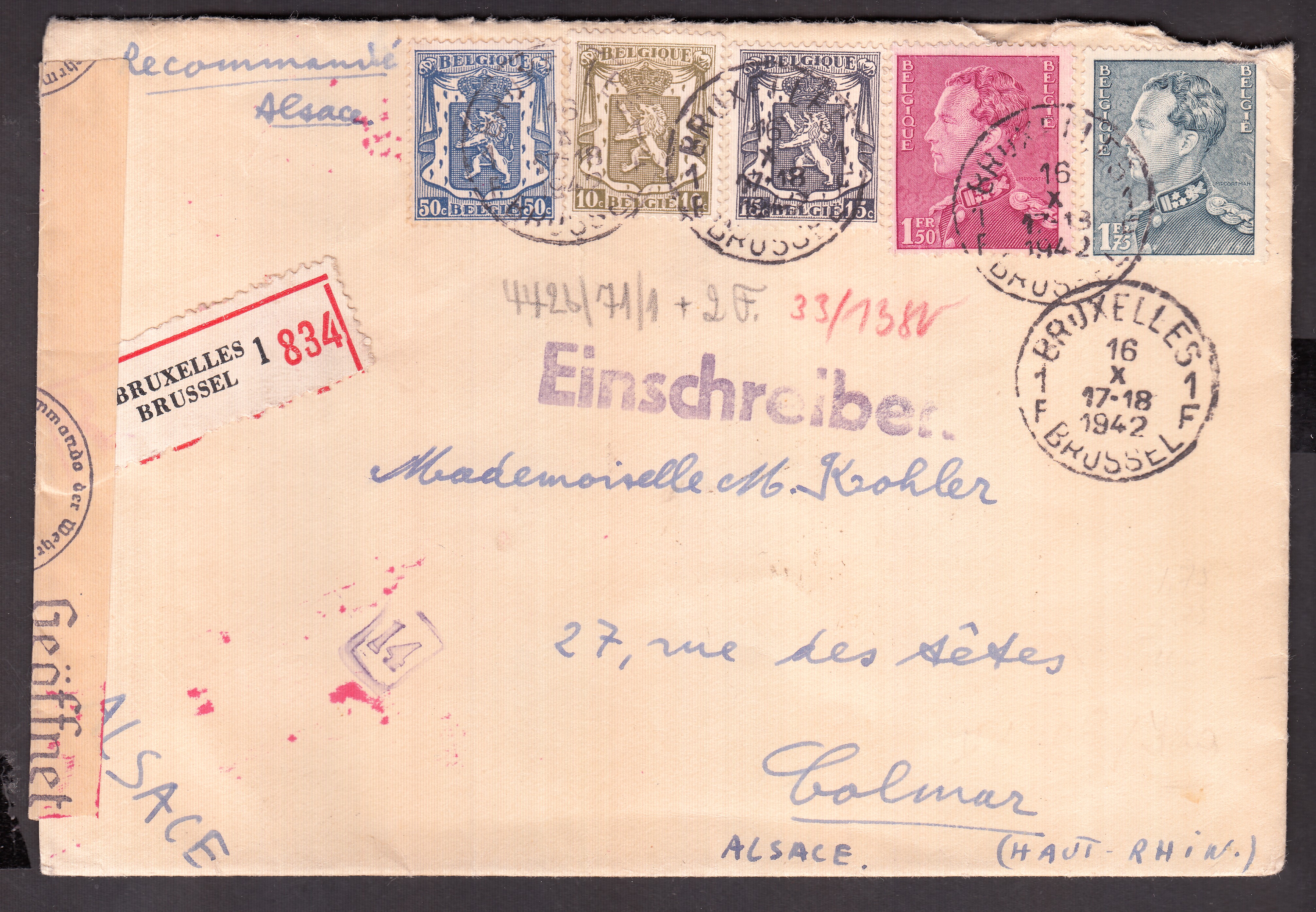 420/21 +426 +429/30 sur lettre en recommandé de BXL le 16.X.1942 vers Colmar. Bande et cachet de censure allemande. Càd au verso. Explicatif joint.