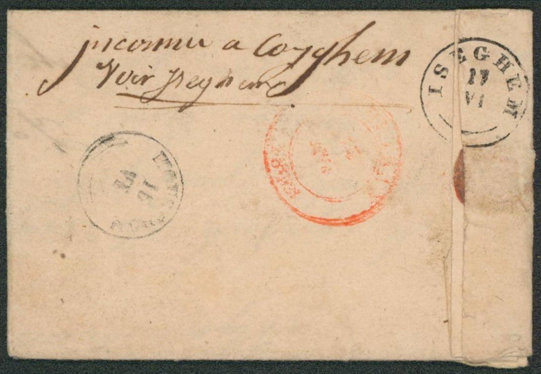 LAC datée de Halle (1843) port 4 décimes > Iseghem près de courtrai , sitot sitot çàd T18 Iseghem x2.
