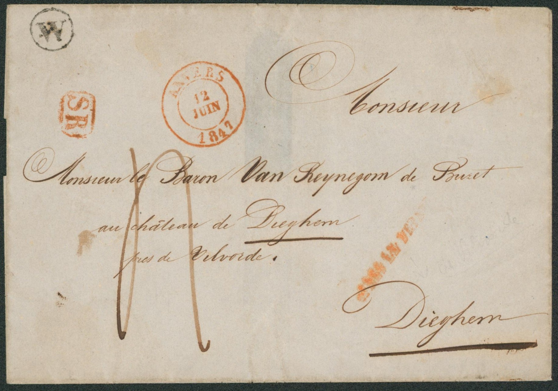 LSC + cachet dateur "Anvers" et boite rurale "W" (Wommelgem), griffe APRES LE DEPART > Dieghem. Port 4 décimes.