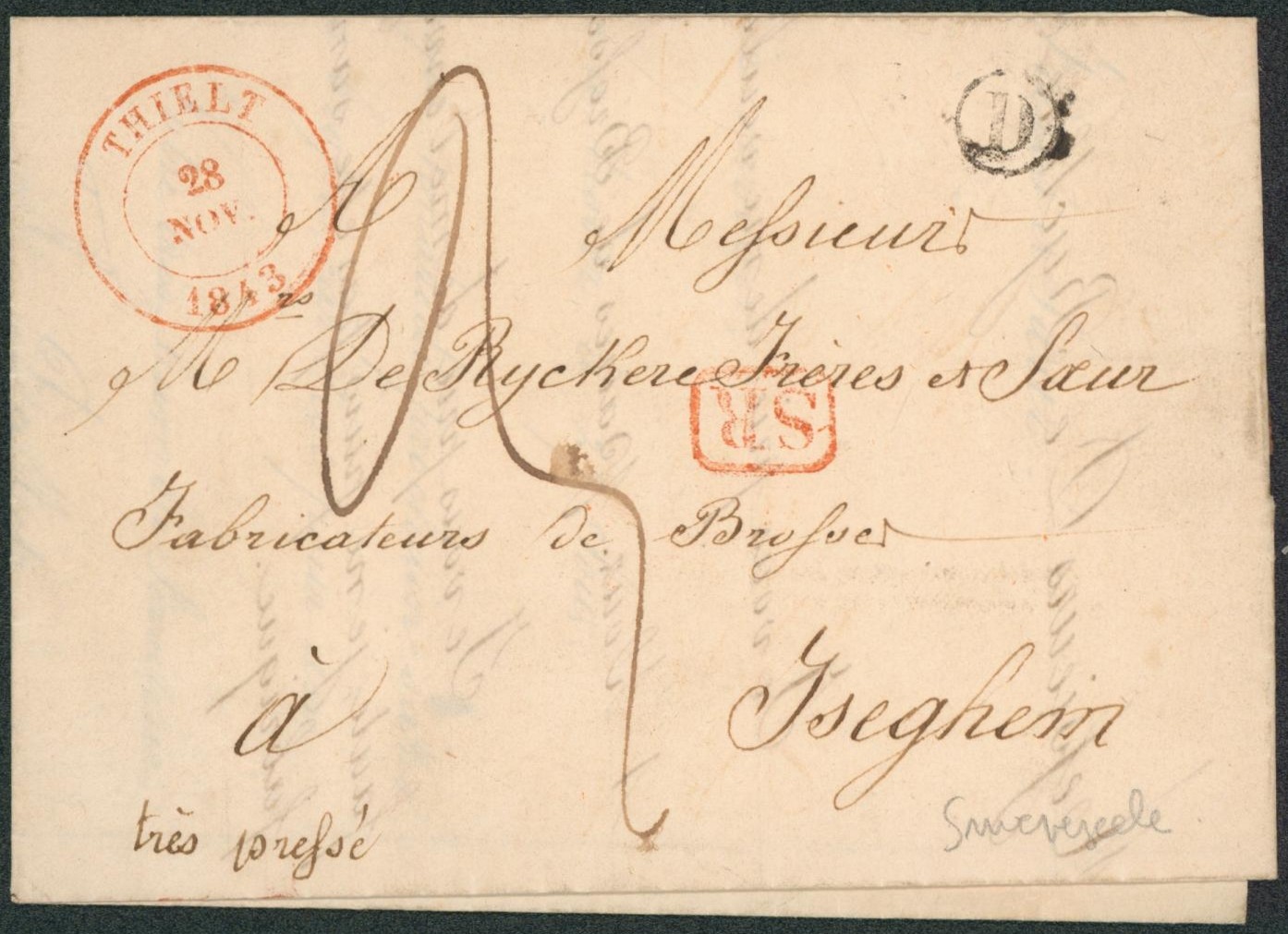 LAC + cachet dateur "Thielt, port 3 décimes et boite rurale "D" (Swevezeele) > Iseghem. Très pressé, TB