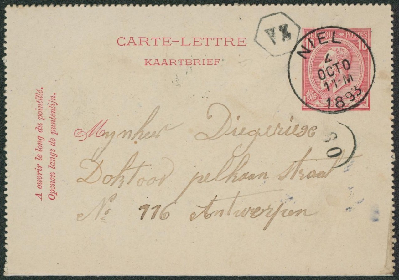 EP au type CL 10ctm rouge obl simple cercle "Niel" + boite rurale (privée) "VZ" > Antwerpen