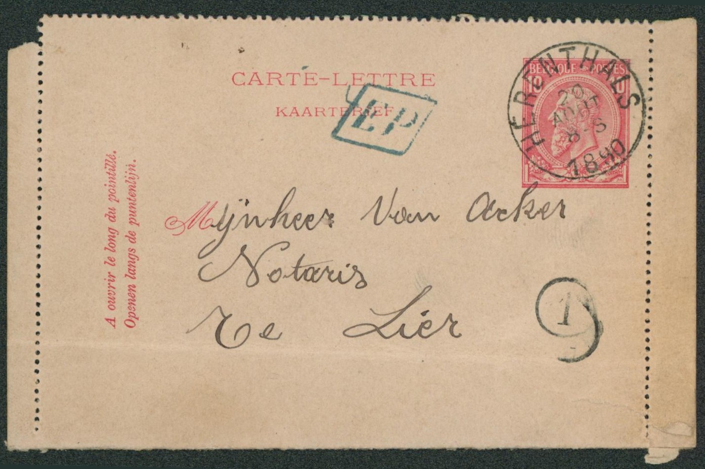 EP au type CL 10ctm rouge obl simple cercle "Herenthals" + boite rurale "EP" (Nijlen) > Lier