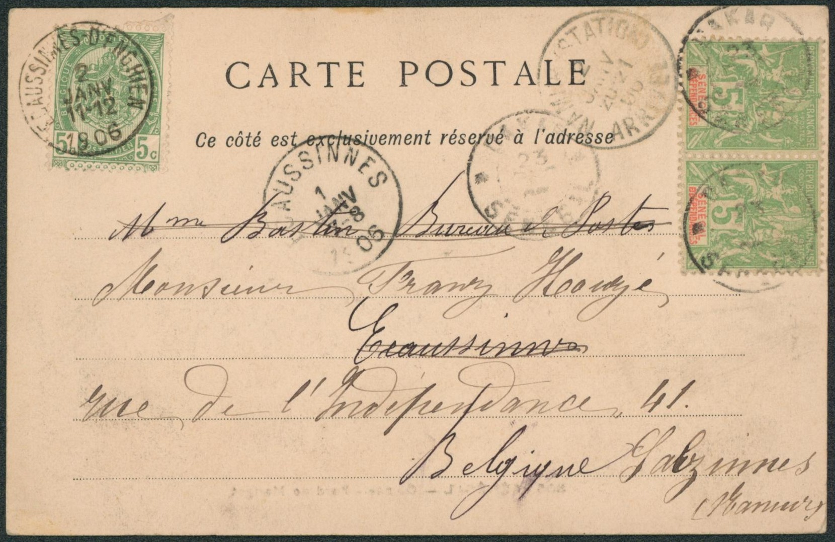 CP en provenance du Sénégal (Dakar) > écaussinnes, réexpédié par n°56 > Salzinnes.