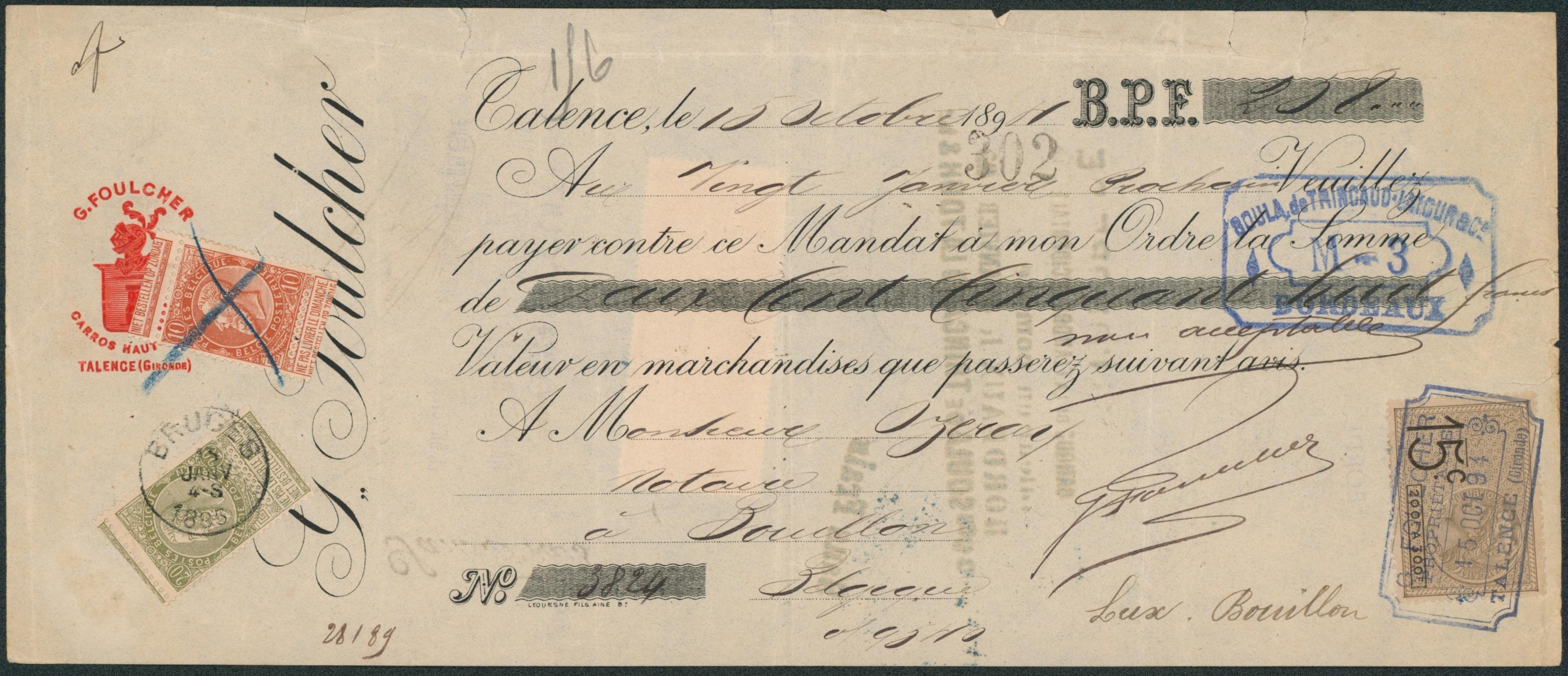Effet de commerce (Carros en gros, Talence France) + n°57 annulé à la craie et n°59 obl S.C. Bruges.