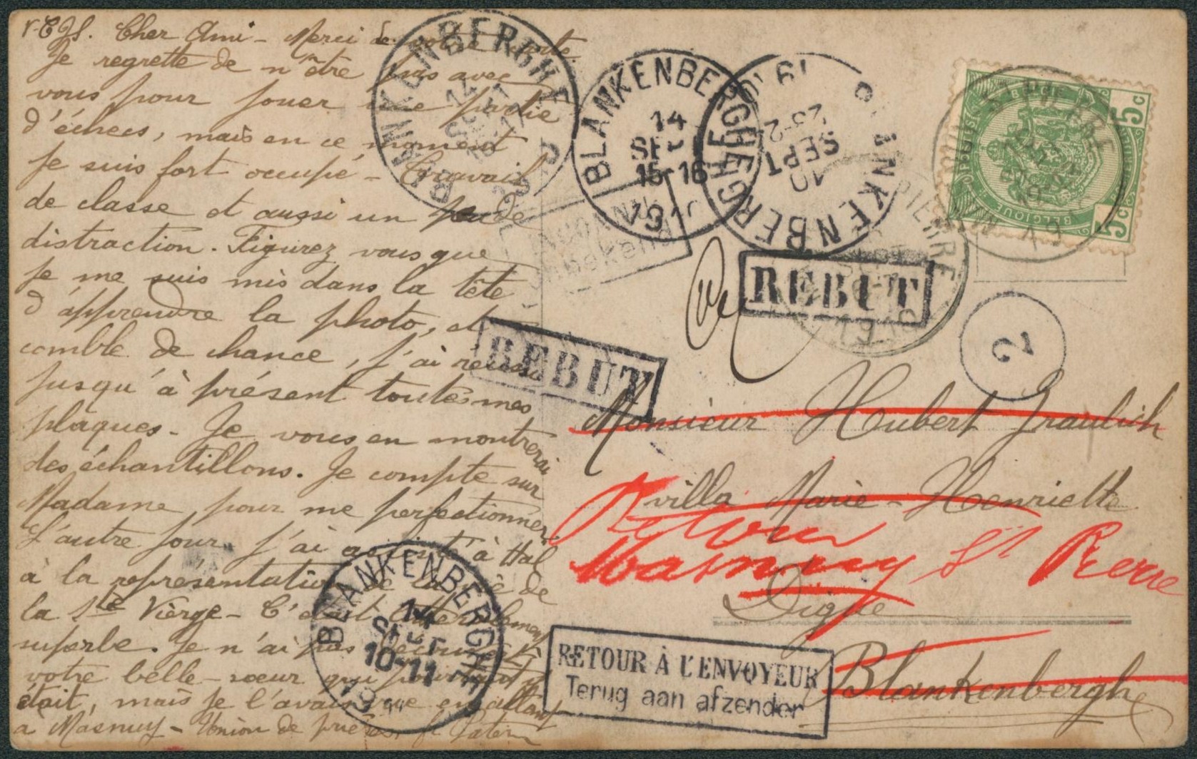 n°56 sur carte photo expédié de Manuy-St-Pierre > Blankenberghe, inconnu rebut, retour à l'envoyeur.