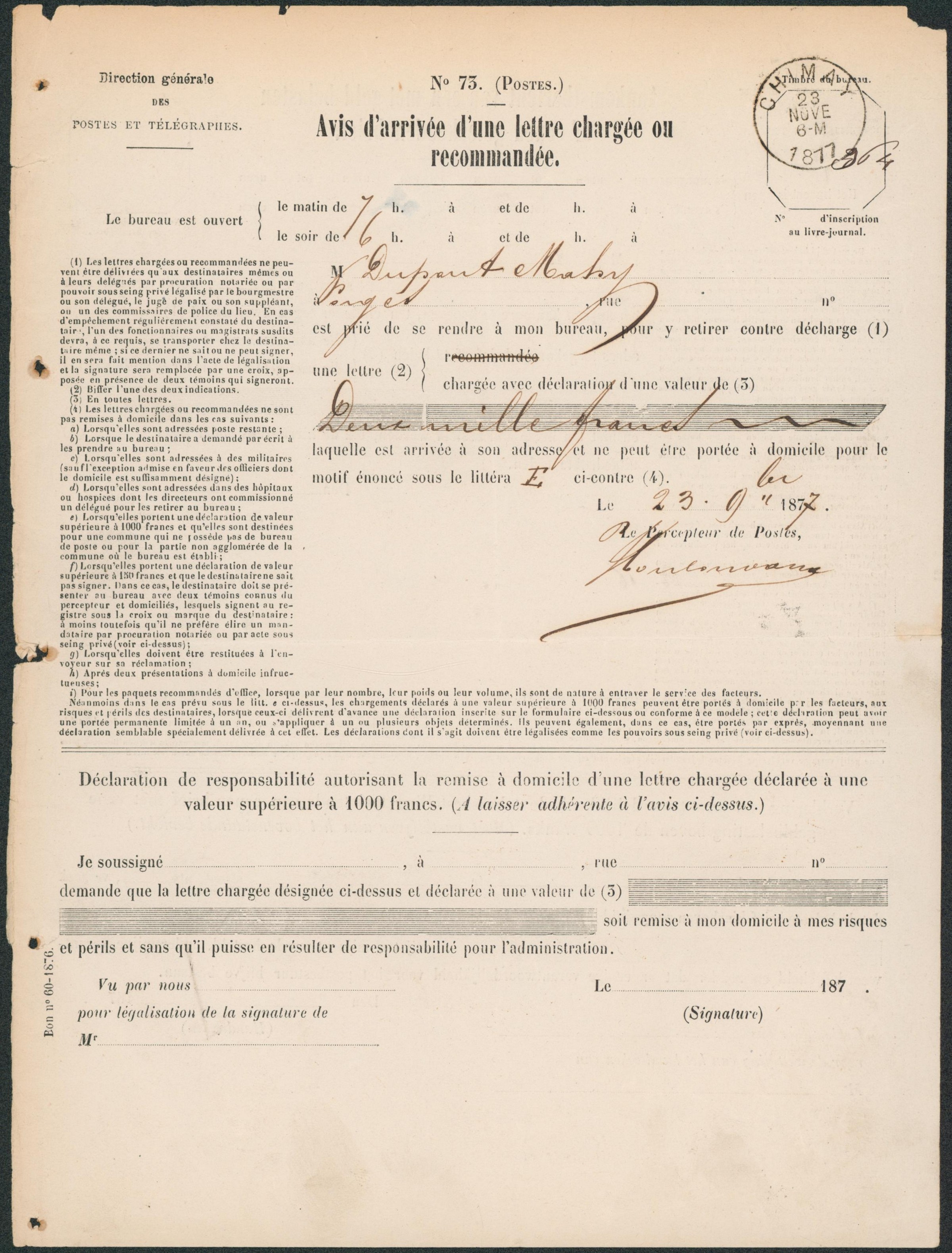 Avis d'arrivée d'une lettre chargée ou recommandé (complet) obl S.C. "Chimay"