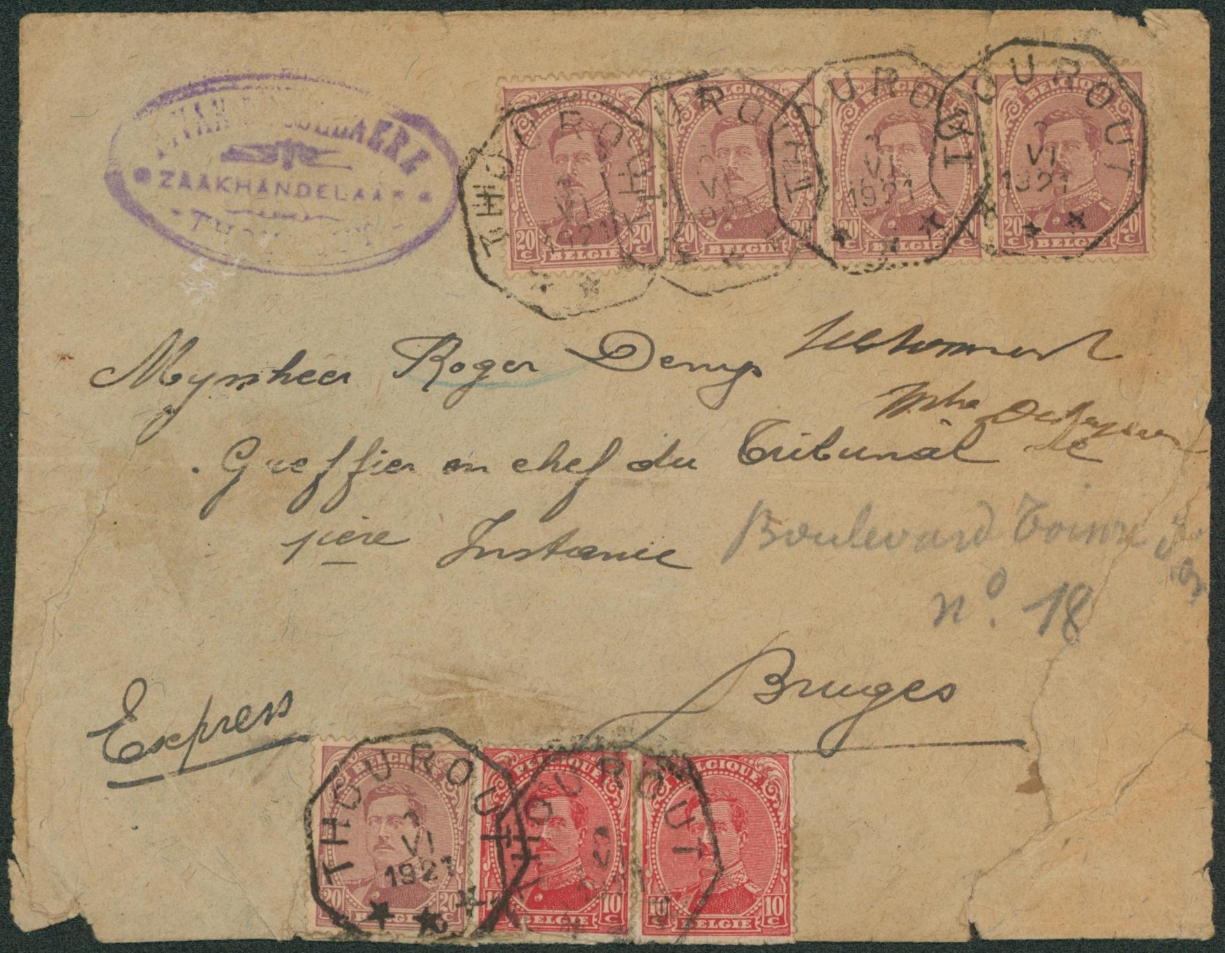n°138 x2 et 140 x5 sur lettre en expres obl télégraphique "Thourout" > Bruges. Etat !