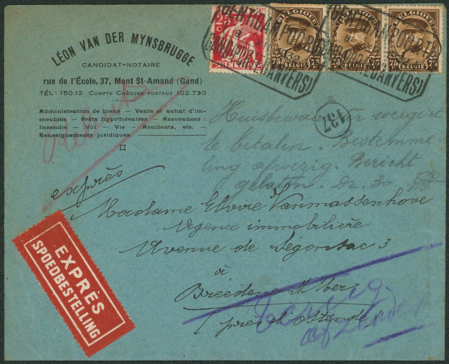 n°339 et 341 x3 sur lettre en expres obl télégraphe-téléphone "Gent / Gand (porte d'anvers)" > Breden-S-Mer, terug !