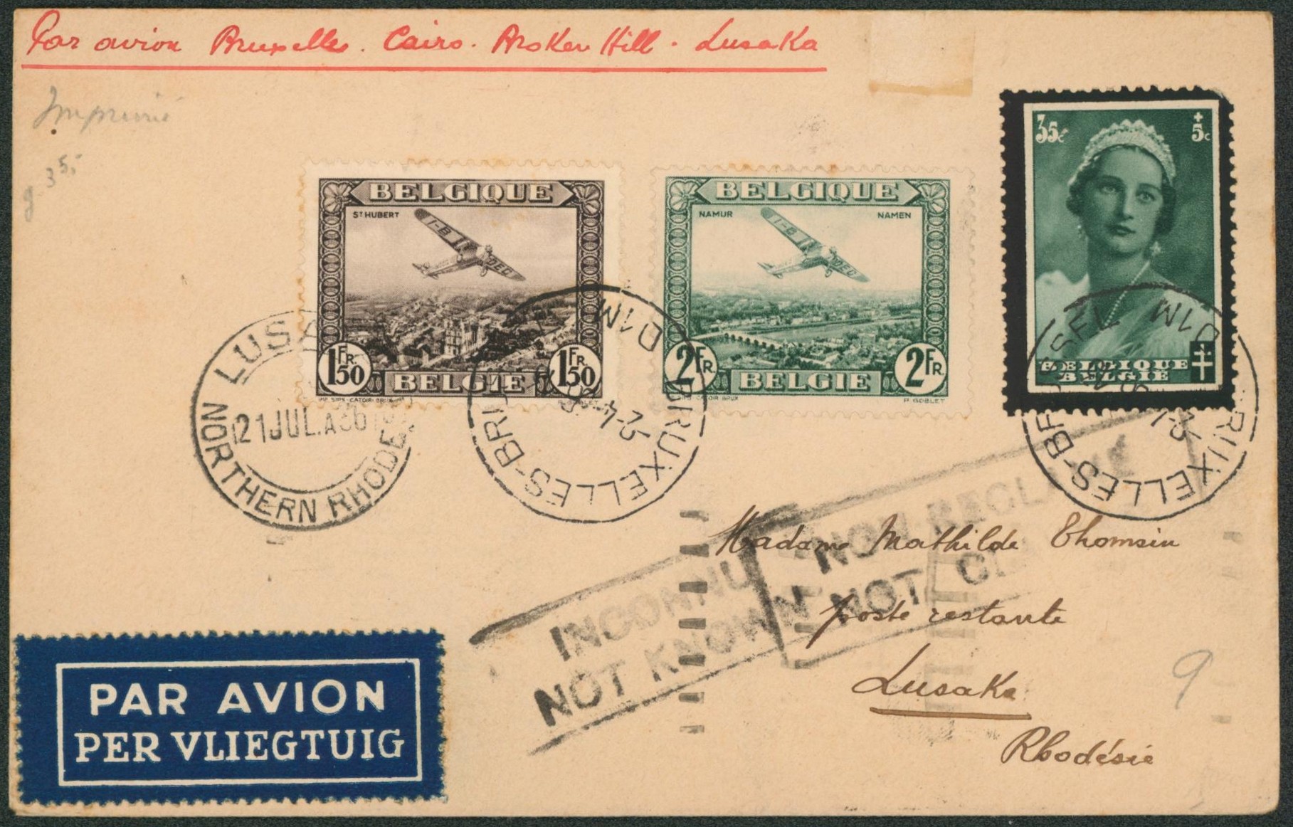 Affranch. Mixte sur lettre par avion (Bruxelles-Cairo-Lusaka) çàd Bruxelles (1936) > Poste restante à Lusaka (Rhodésie).