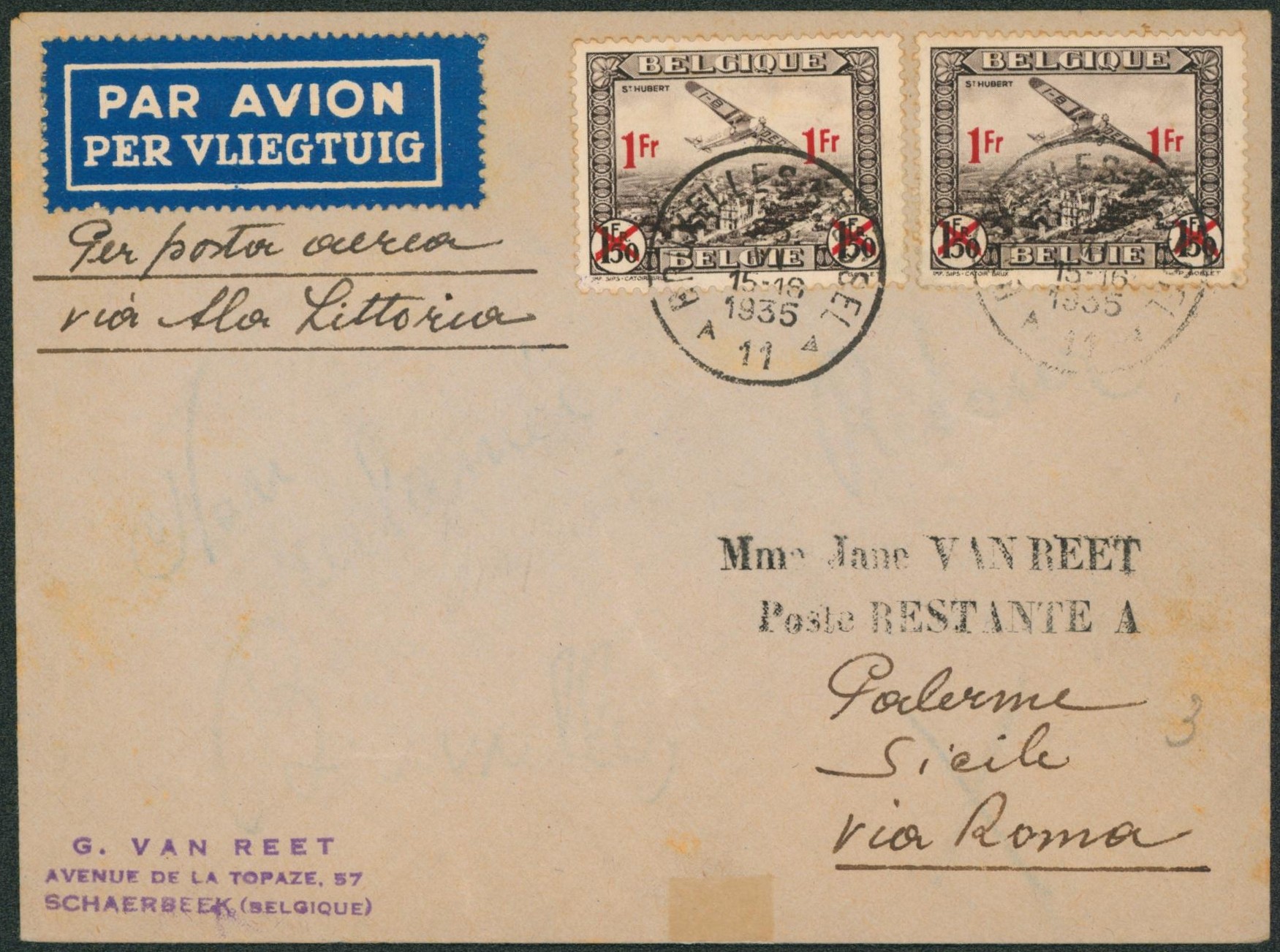 PA6 x2 sur lettre par avion de Bruxelles per posta aera > Poste restante à Palerme (Sicile) via Roma.