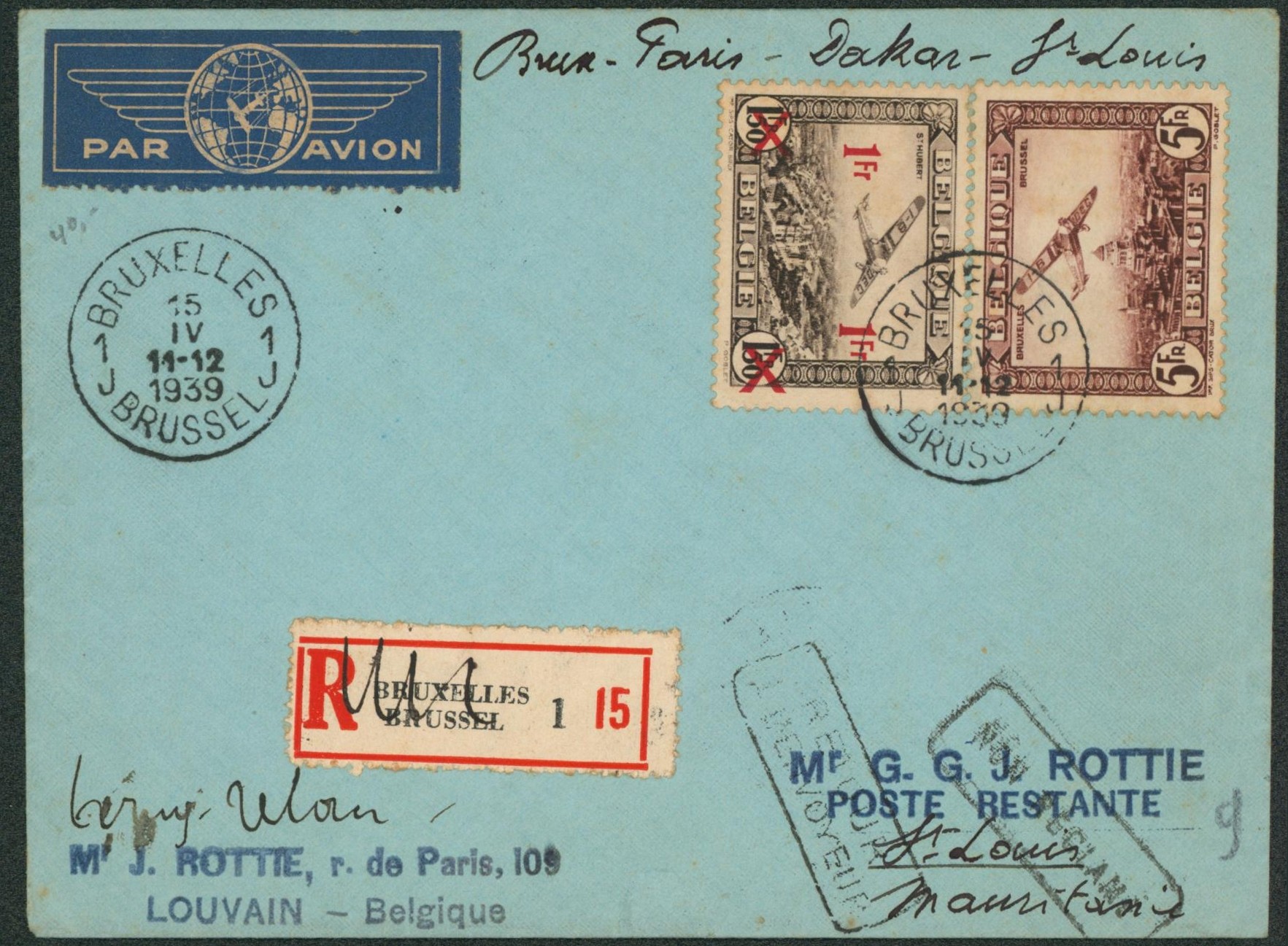 PA5 et 6 sur lettre par avion en recommandé (recommandé biffé) de Bruxelles > Poste restante à St-Louis (Mauritanie). Retour