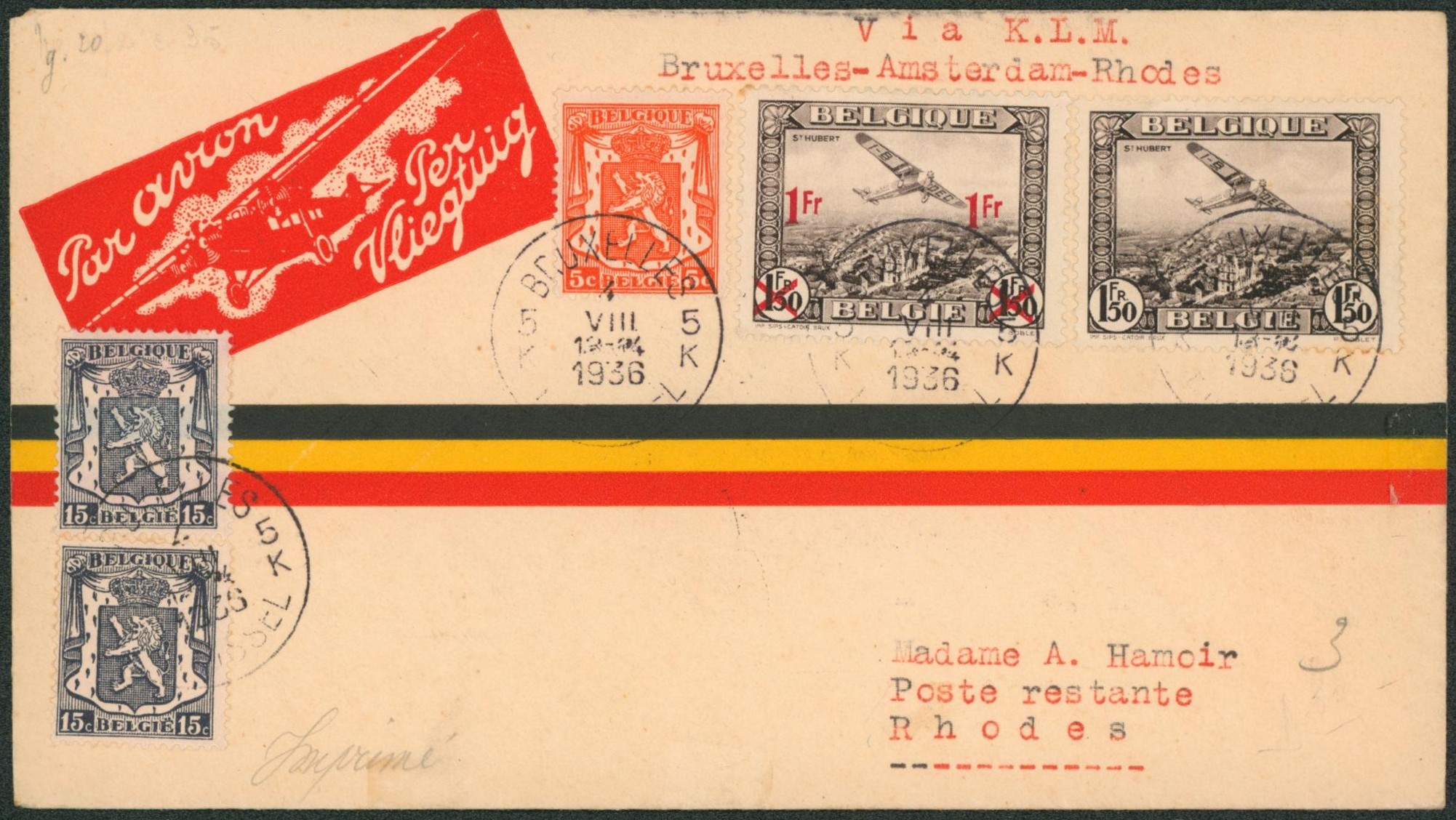 Affranch. Mixte sur lettre par avion (Bruxelles-Amsterdam-Rhodes par K.L.M.) çàd Bruxelles > Poste restante à Rhodes (Grèce) / imprimé.