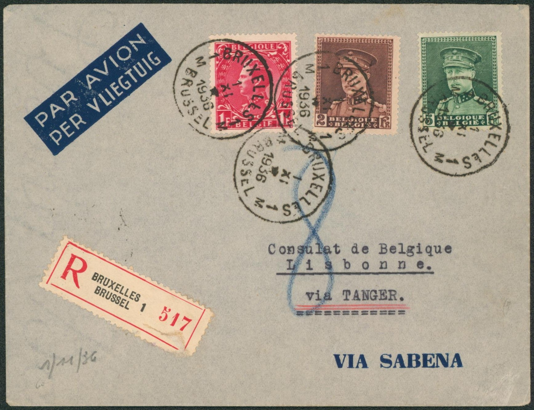n°321, 323 et 403 sur lettre par avion recommandé de Bruxelles via SABENA > Consulat de Belgique à Lisbonne via Tanger.