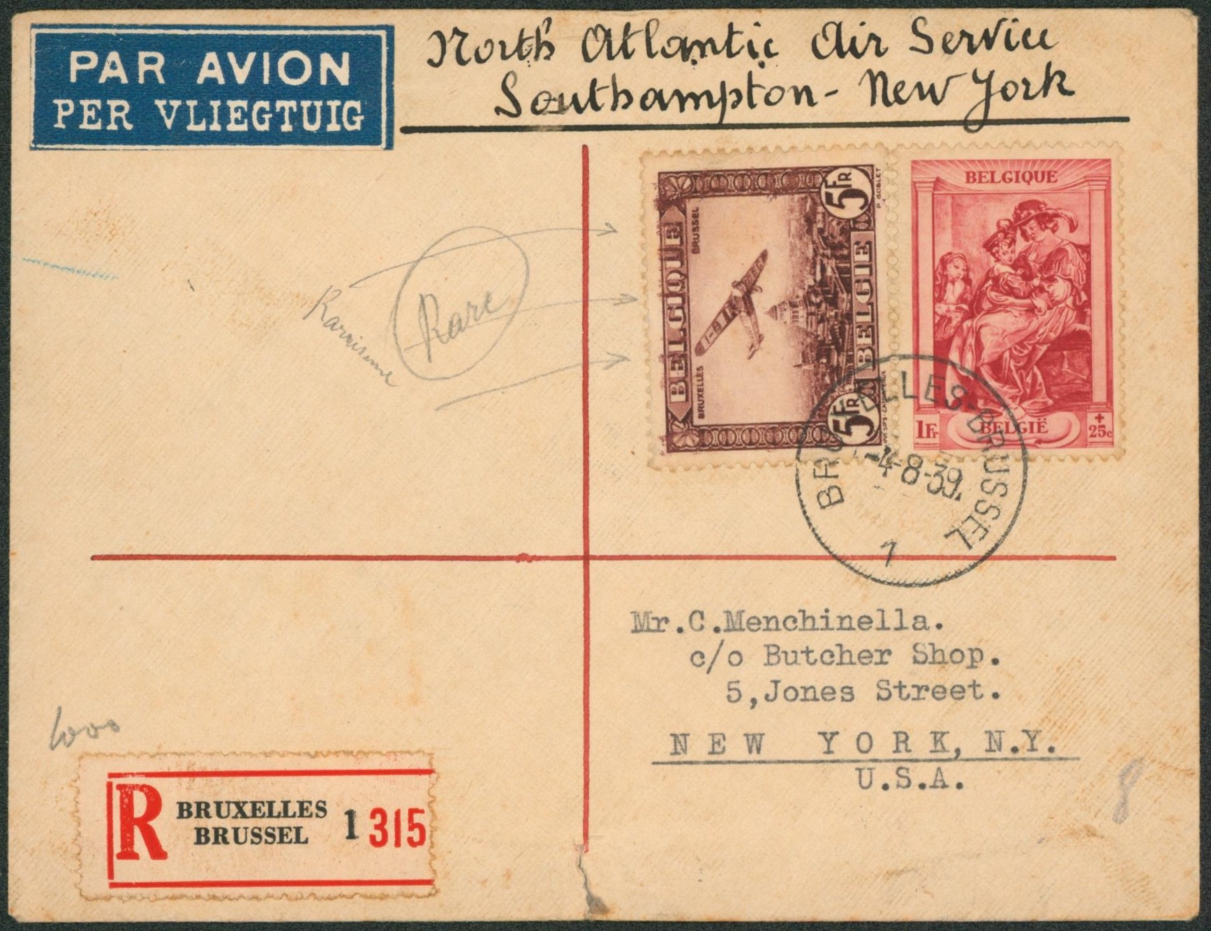 n°507 et PA4 (curiosité, bavure d'impression) sur lettre en recommandé par avion (north atlantic air service) de Bruxelles > New-York (USA).