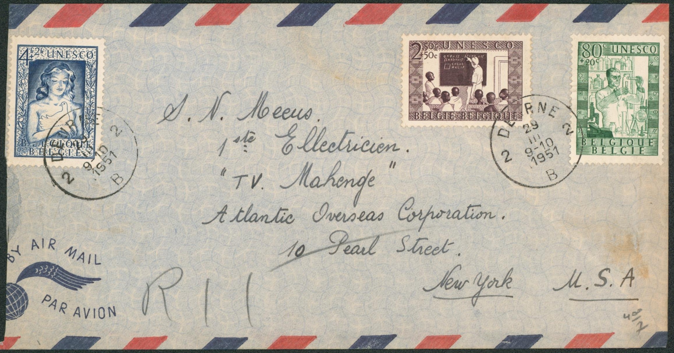 Série complète çàd n°842/44 sur lettre par avion de Deurne > New-York (USA)