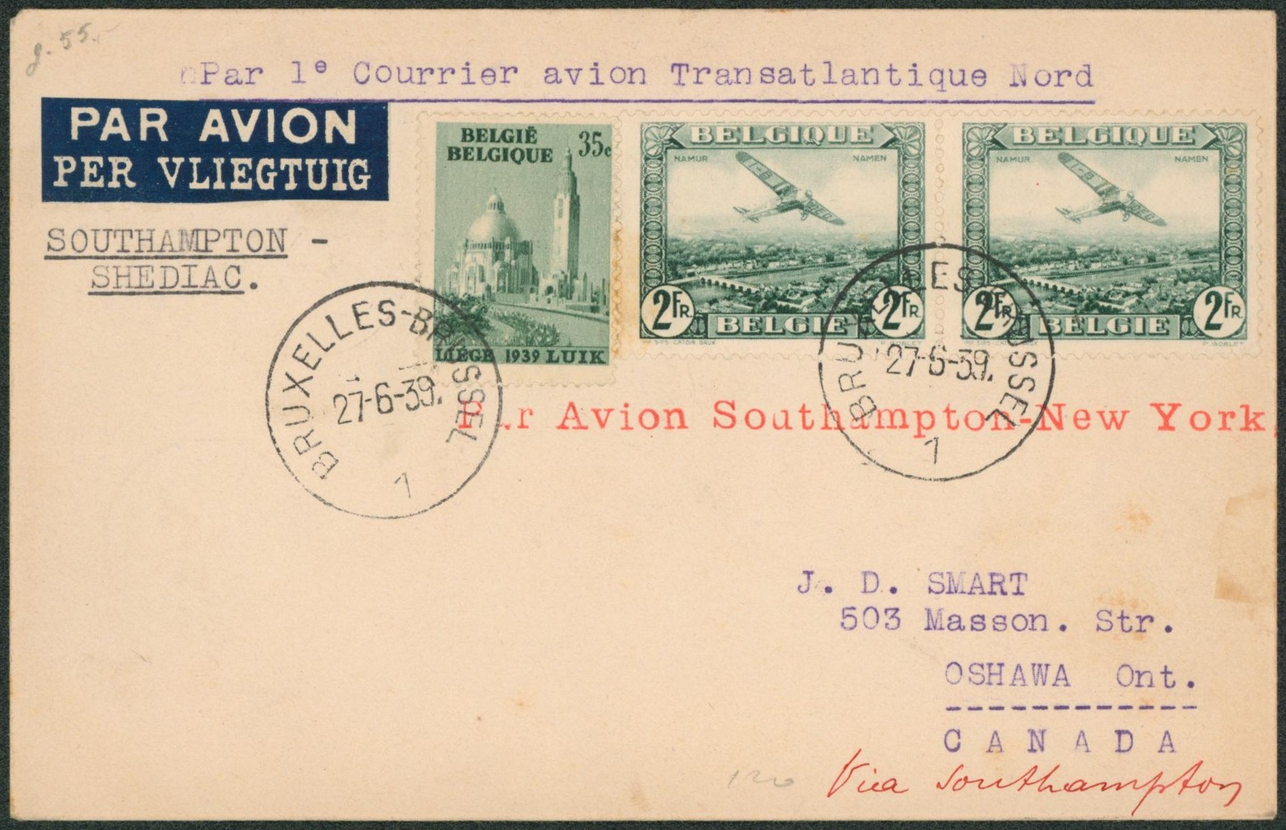 Affranch. Mixte sur lettre par avion (1er courrier avion transatlantique nord) de Bruxelles > Oshawa (Canada).