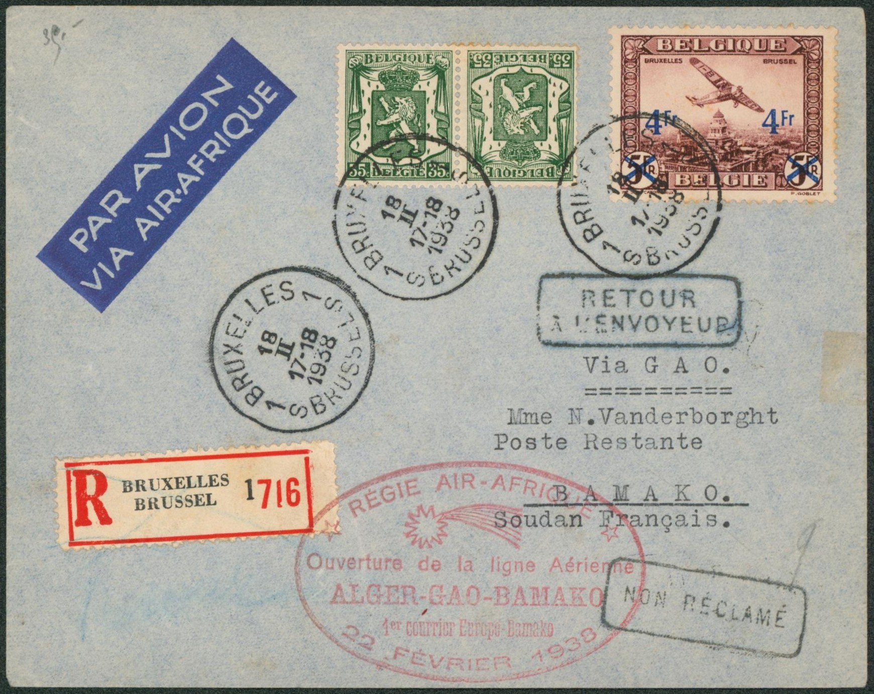 Affranch. Mixte sur lettre par avion en recommandé (ouverture de la ligne aérienne Alger-Gao-Bamako) de Bruxelles > Bamako (Soudan français). Retour à l'envoyeur, non réclamé