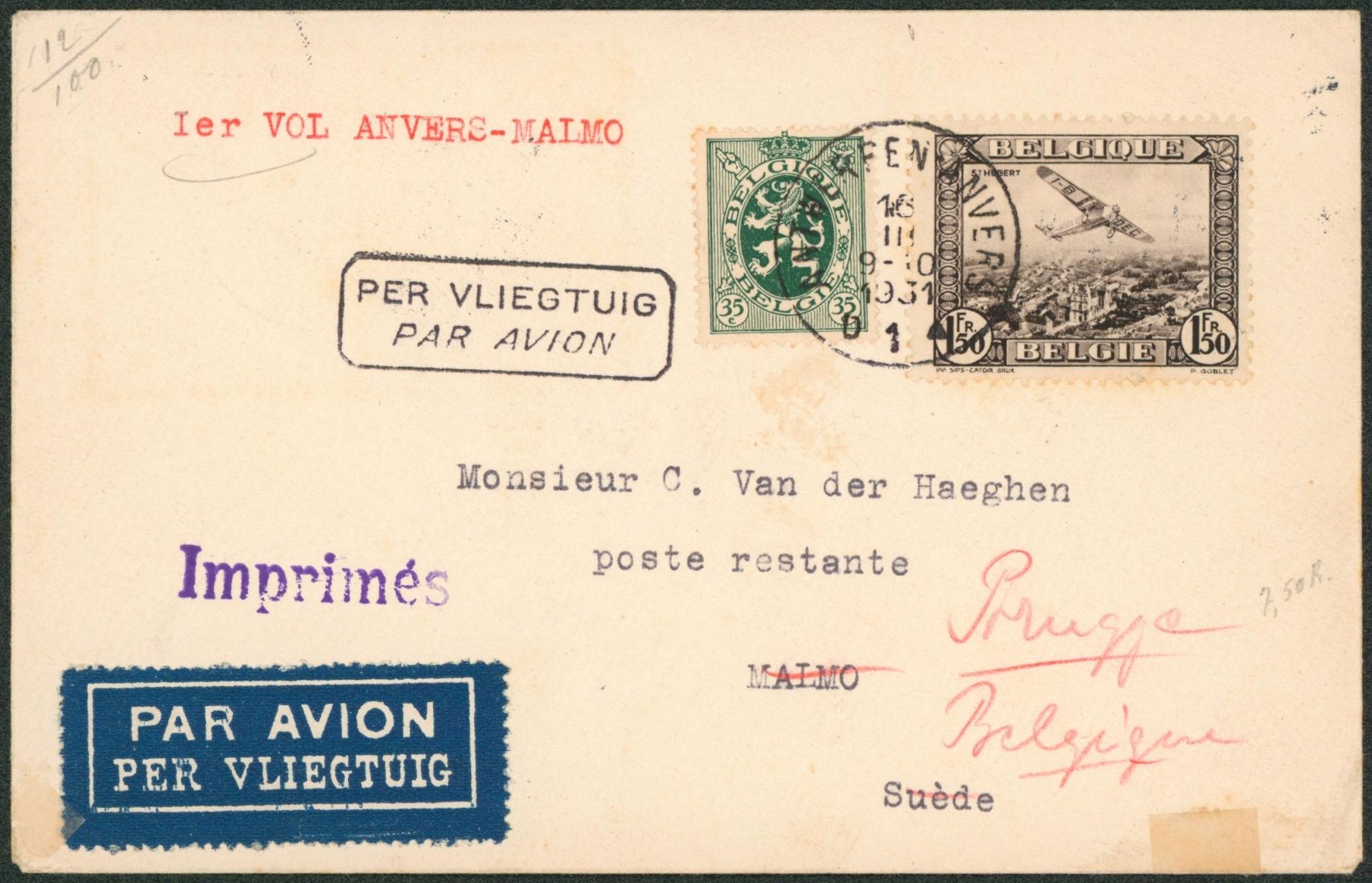 n°283 et PA2 sur imprimé par avion de Antwerpen > Malmö (Suède), retour à Brugge.