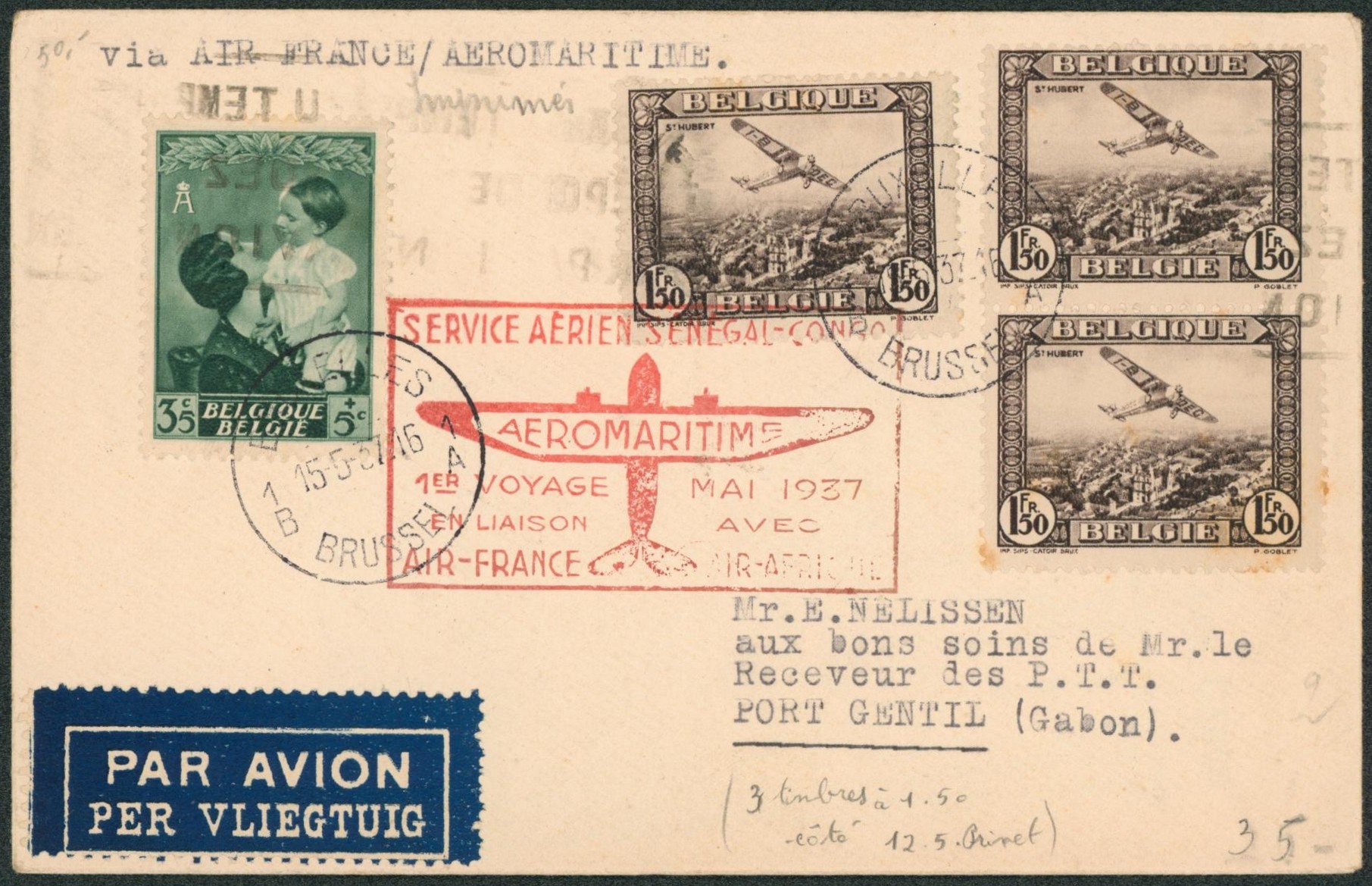 n°449 et PA2 x3 sur lettre par avion de Bruxelles via Air France aéromaritime > Port Gentil (Gabon)