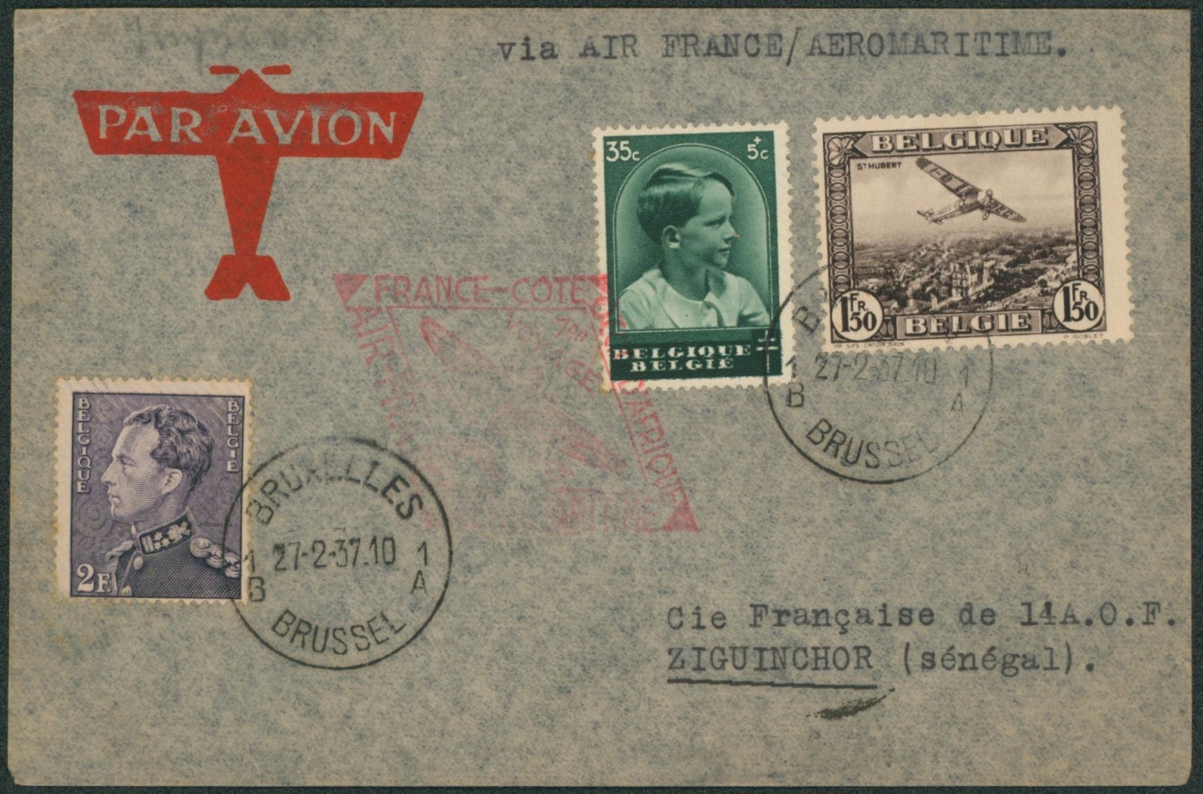 Affranch. Mixte sur lettre par avion de Bruxelles via air France aéromaritime > Ziguinchor (Sénégal).