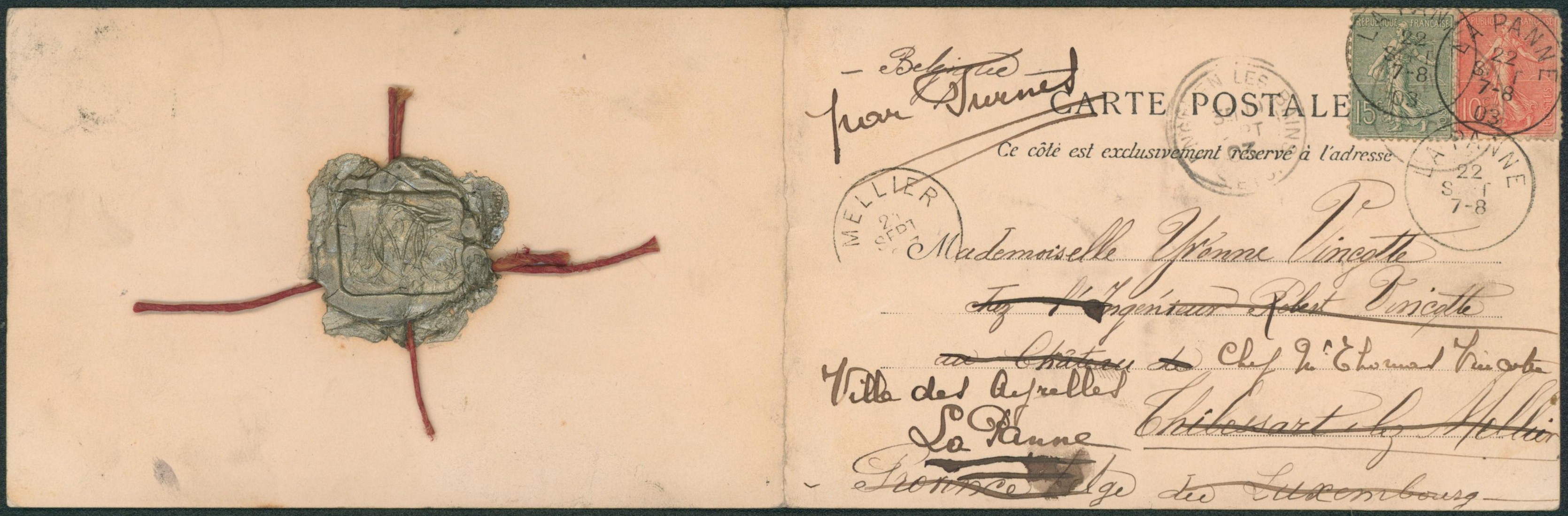 Semeuse sur CP (panorama, plié en deux + cachet de cire) origine enghien les bains > Mellier par furnes redirigé vers La Panne. Oblitération La panne annulant les timbres !
